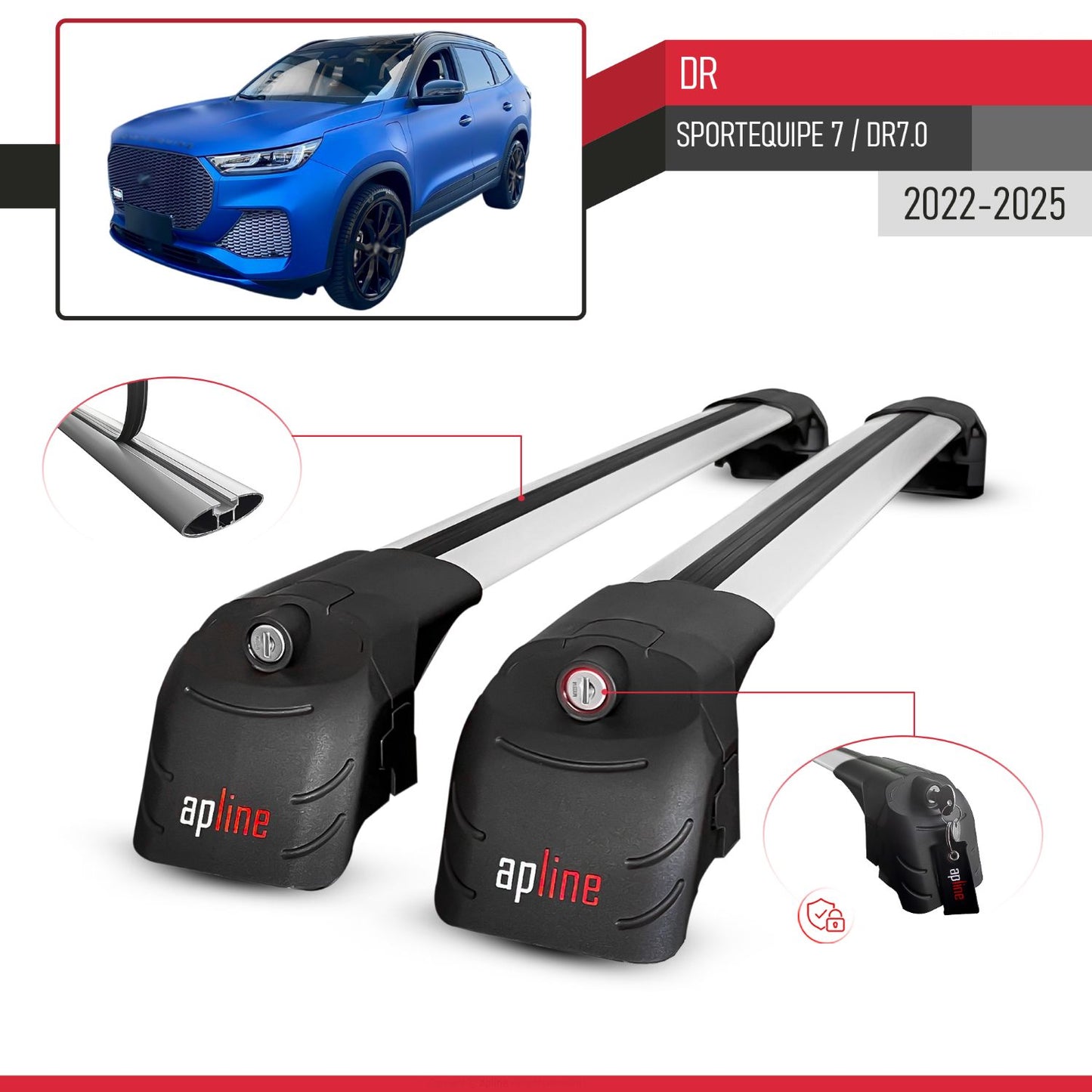 Compatible with DR 7.0 Sportequipe 7 (It) 2023-2025 ACE-2 Car Roof Rack Cross Bar Grey Aluminium 2 Bars