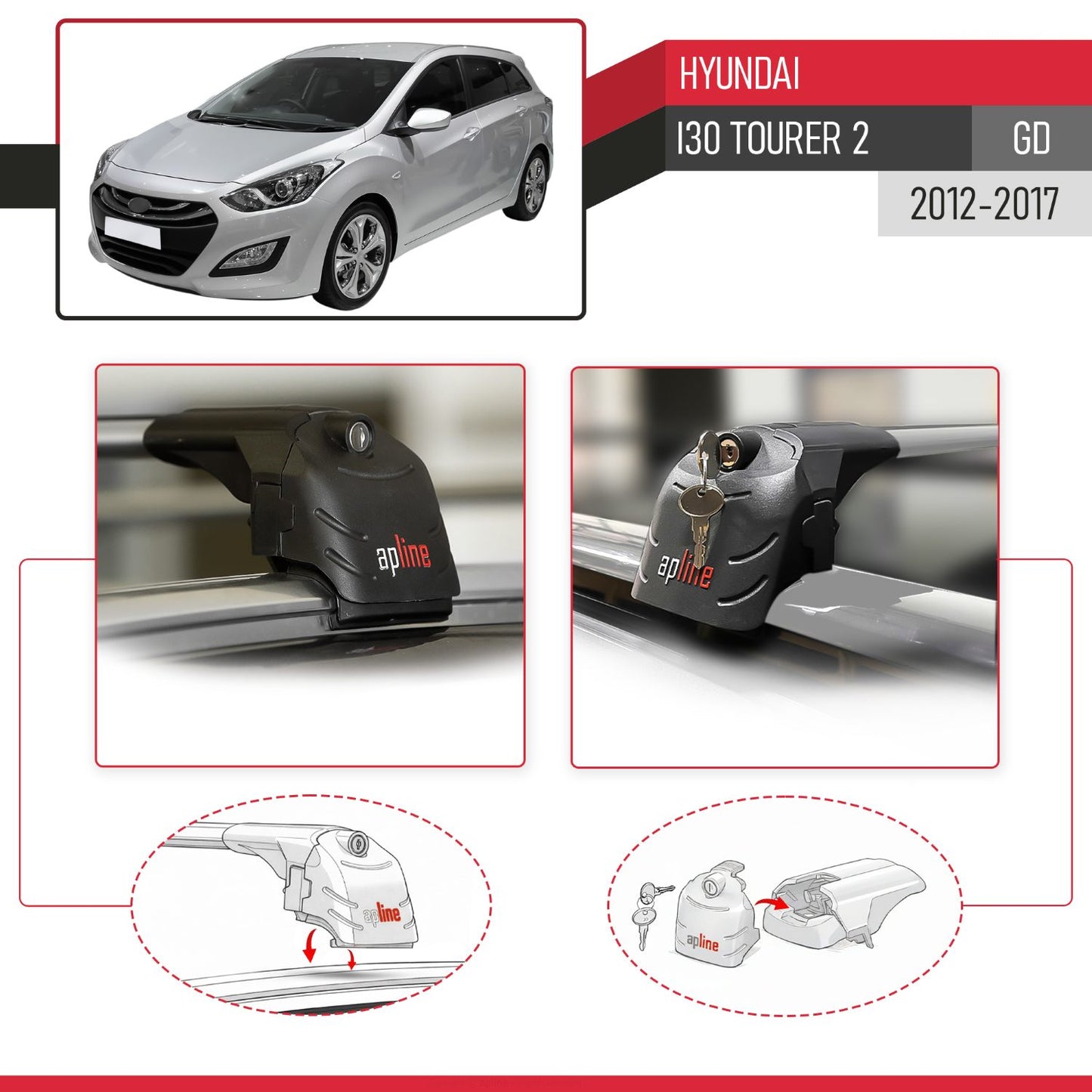 Compatible with Hyundai i30 2 (GD) Tourer 2012-2016 ACE-2 Car Roof Rack Cross Bar Grey Aluminium 2 Bars