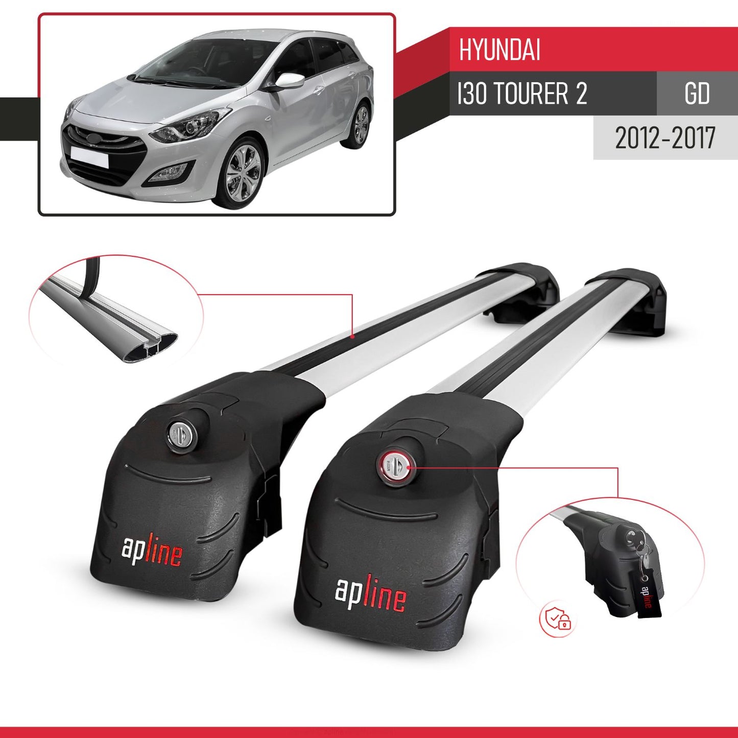Compatible with Hyundai i30 2 (GD) Tourer 2012-2016 ACE-2 Car Roof Rack Cross Bar Grey Aluminium 2 Bars