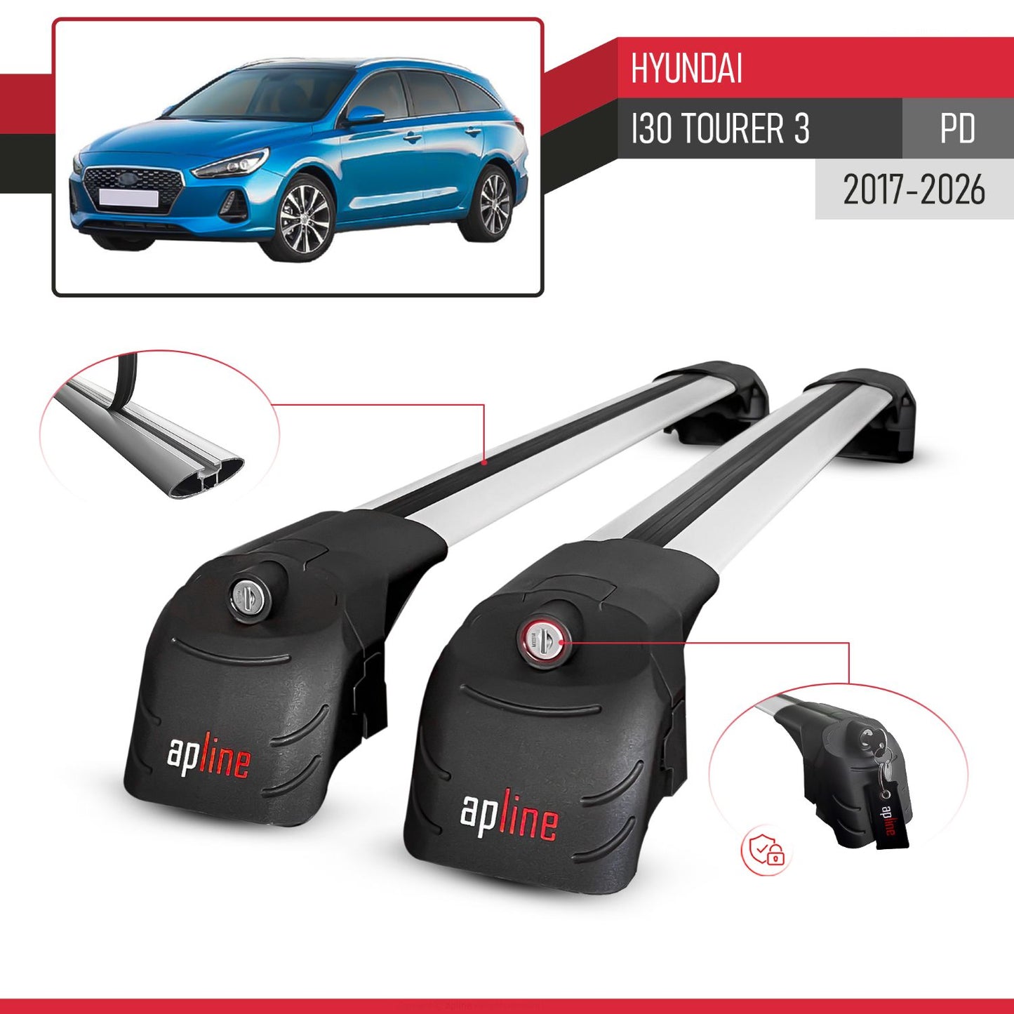 Compatible with Hyundai i30 3 (PD) Tourer 2017-2025 ACE-2 Car Roof Rack Cross Bar Grey Aluminium 2 Bars