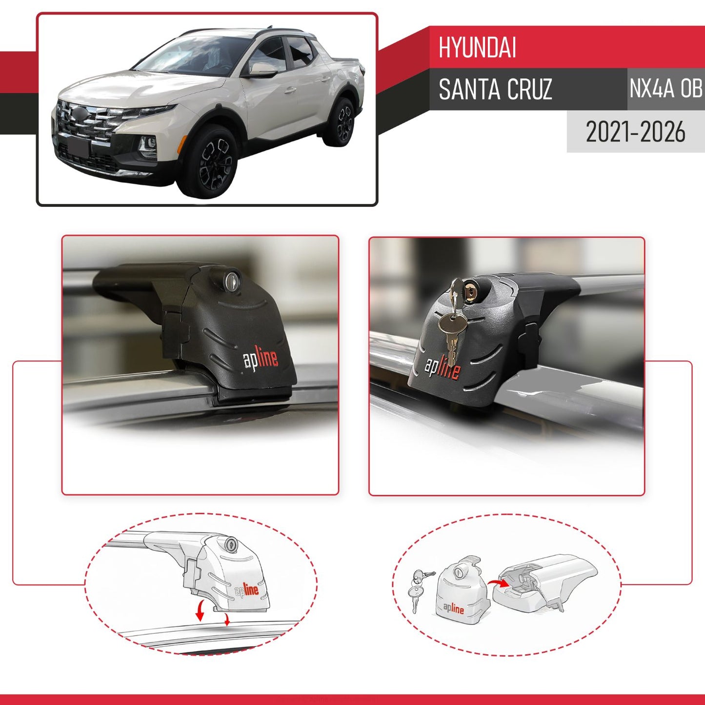 Compatible con Hyundai Santa Cruz (NX4A OB) 2022-2025 ACE-2 Barras de Techo Auto Portaequipajes Barras Transversales Gris Aluminio 2 Barras