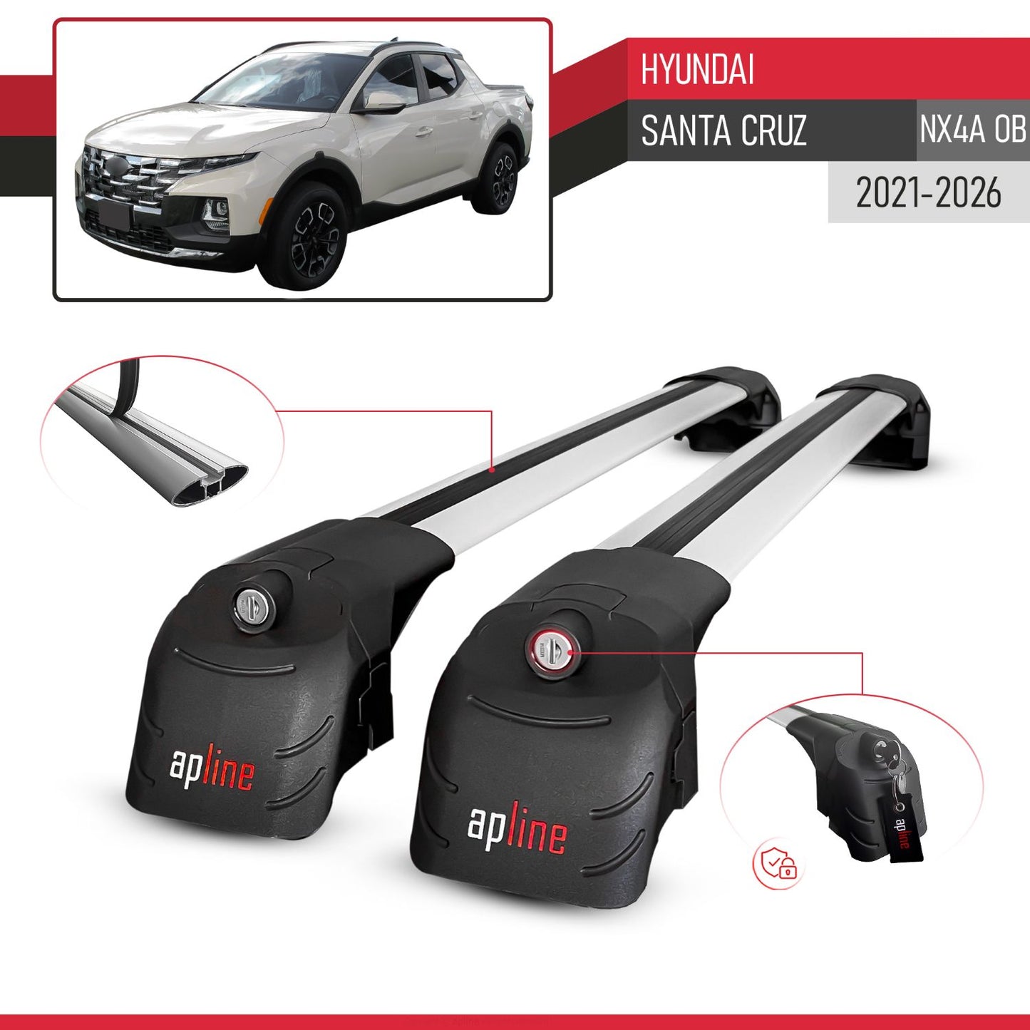 Compatible con Hyundai Santa Cruz (NX4A OB) 2022-2025 ACE-2 Barras de Techo Auto Portaequipajes Barras Transversales Gris Aluminio 2 Barras