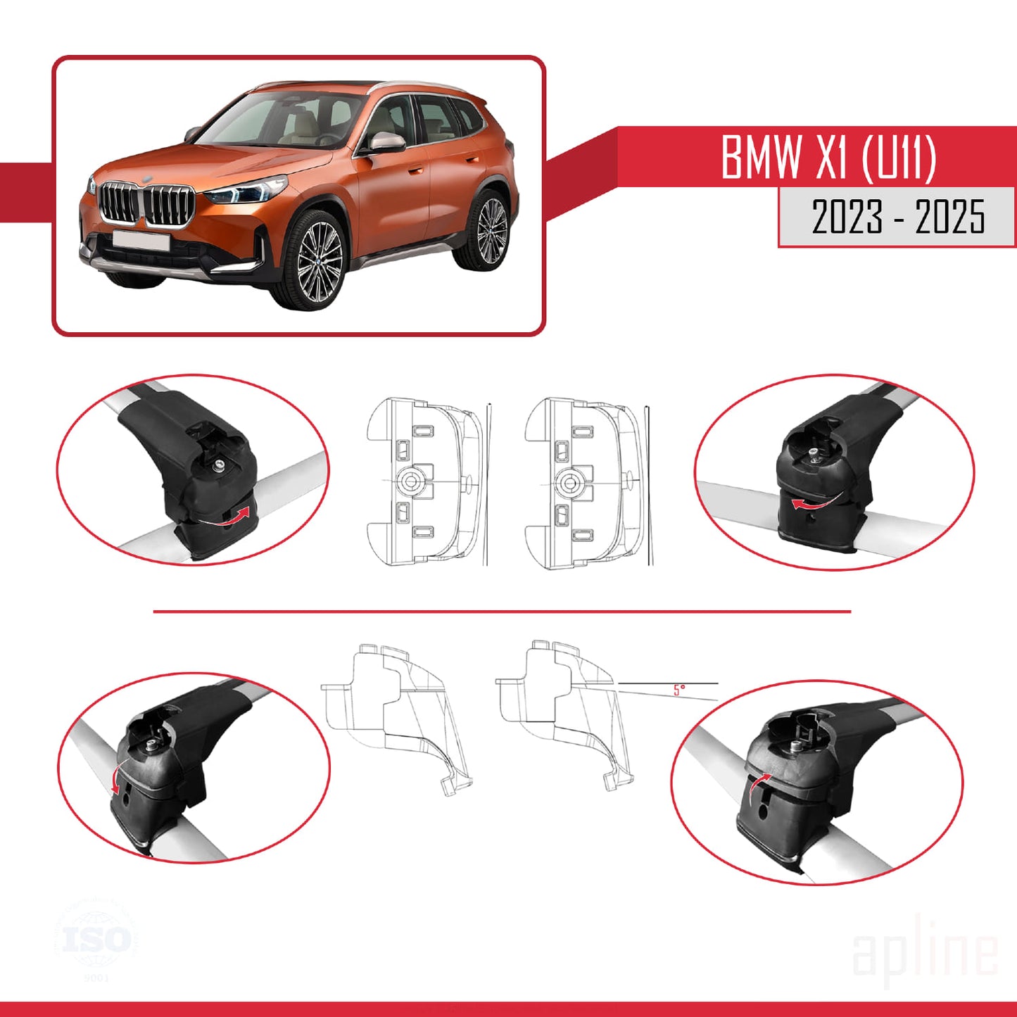 Kompatibel mit BMW X1 (U11) 2023-2025 ACE-2 Dachgepäckträger, Reling, Gepäckträger, graues Aluminium, 2 Stangen