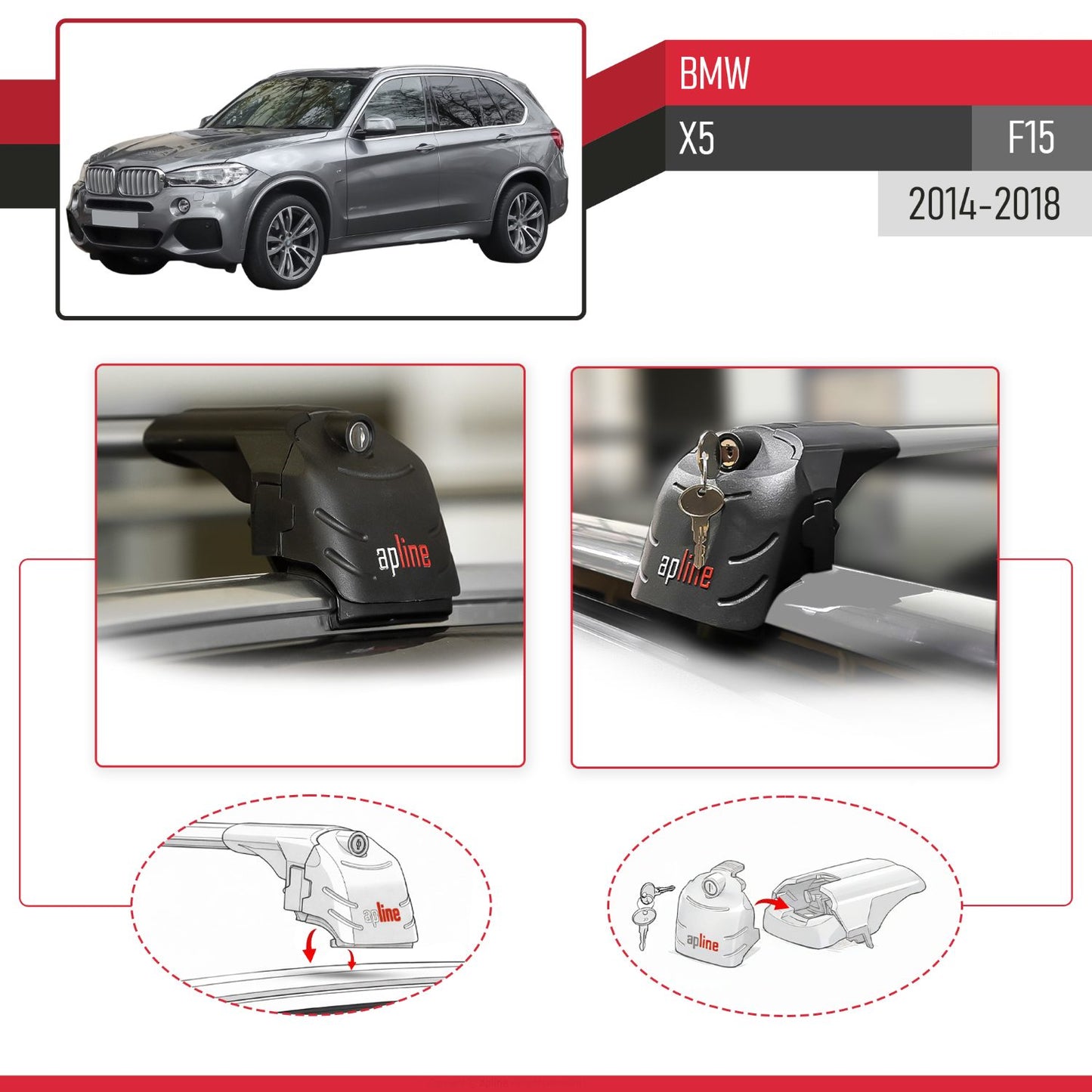 Compatible con BMW X5 (F15) 2014-2018 ACE-2 Barras de Techo Auto Portaequipajes Barras Transversales Gris Aluminio 2 Barras