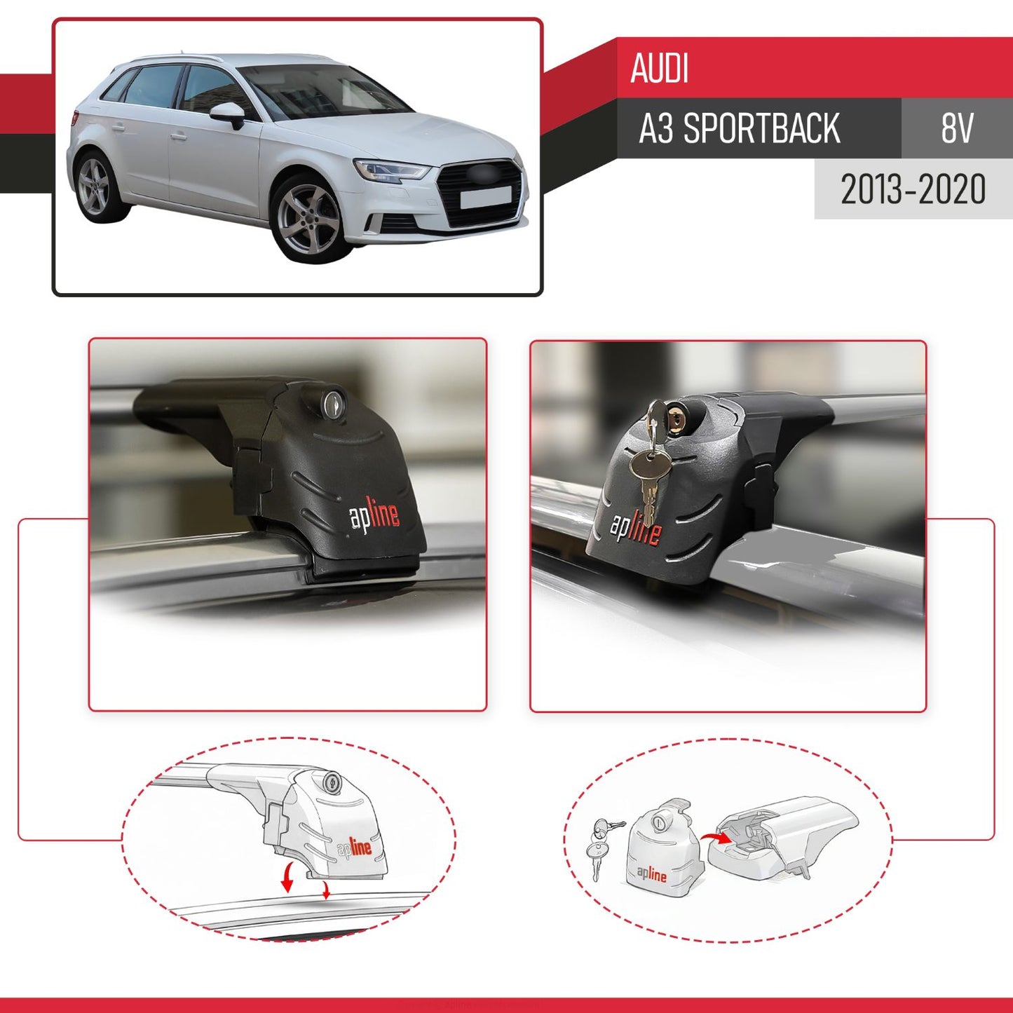 Compatible con Audi A3 Sportback 2015-2020 ACE-2 Barras de Techo Auto Portaequipajes Barras Transversales Gris Aluminio 2 Barras