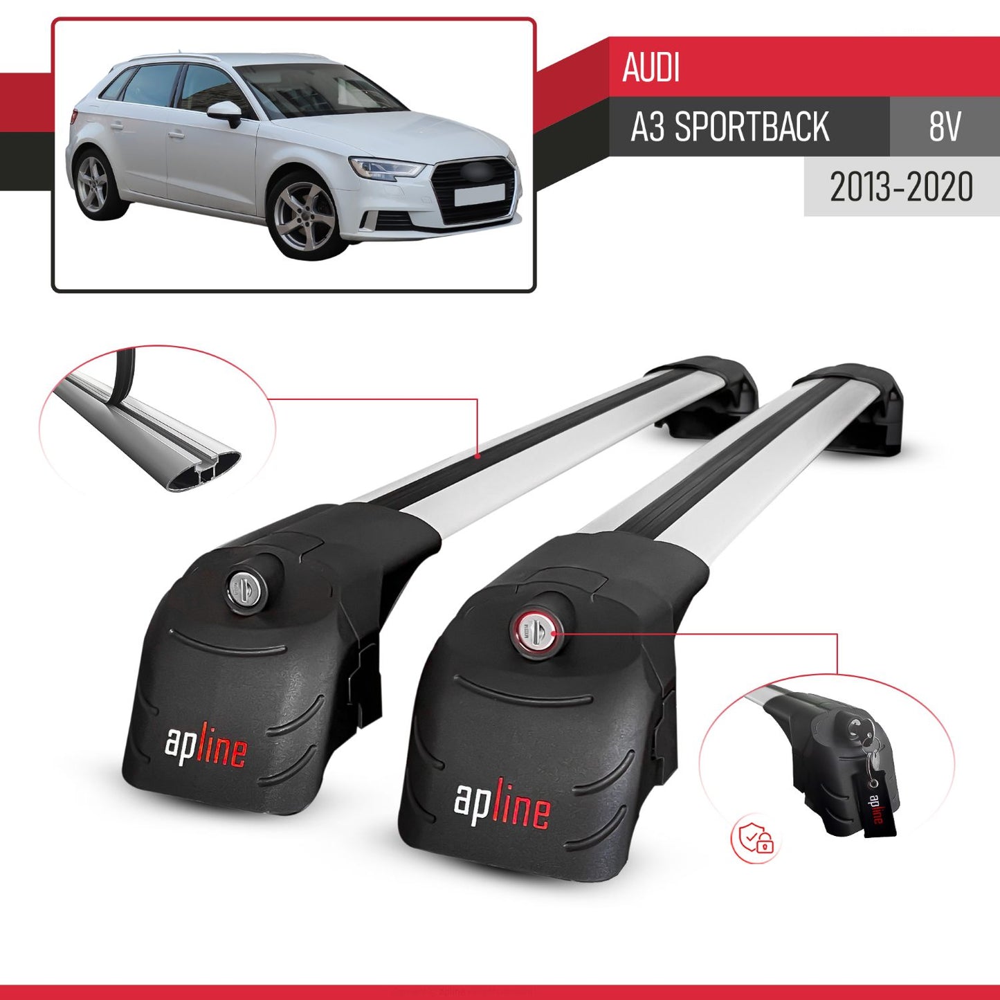 Compatible con Audi A3 Sportback 2015-2020 ACE-2 Barras de Techo Auto Portaequipajes Barras Transversales Gris Aluminio 2 Barras