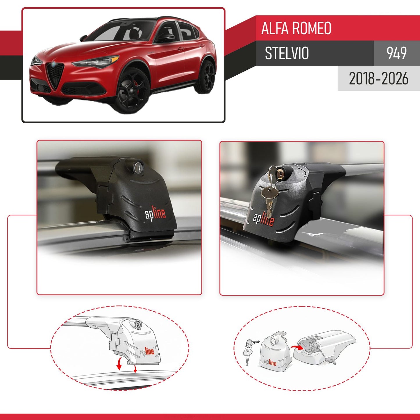 Compatible con Alfa Romeo Stelvio 2018-2024 ACE-2 Barras de Techo Auto Portaequipajes Barras Transversales Gris Aluminio 2 Barras