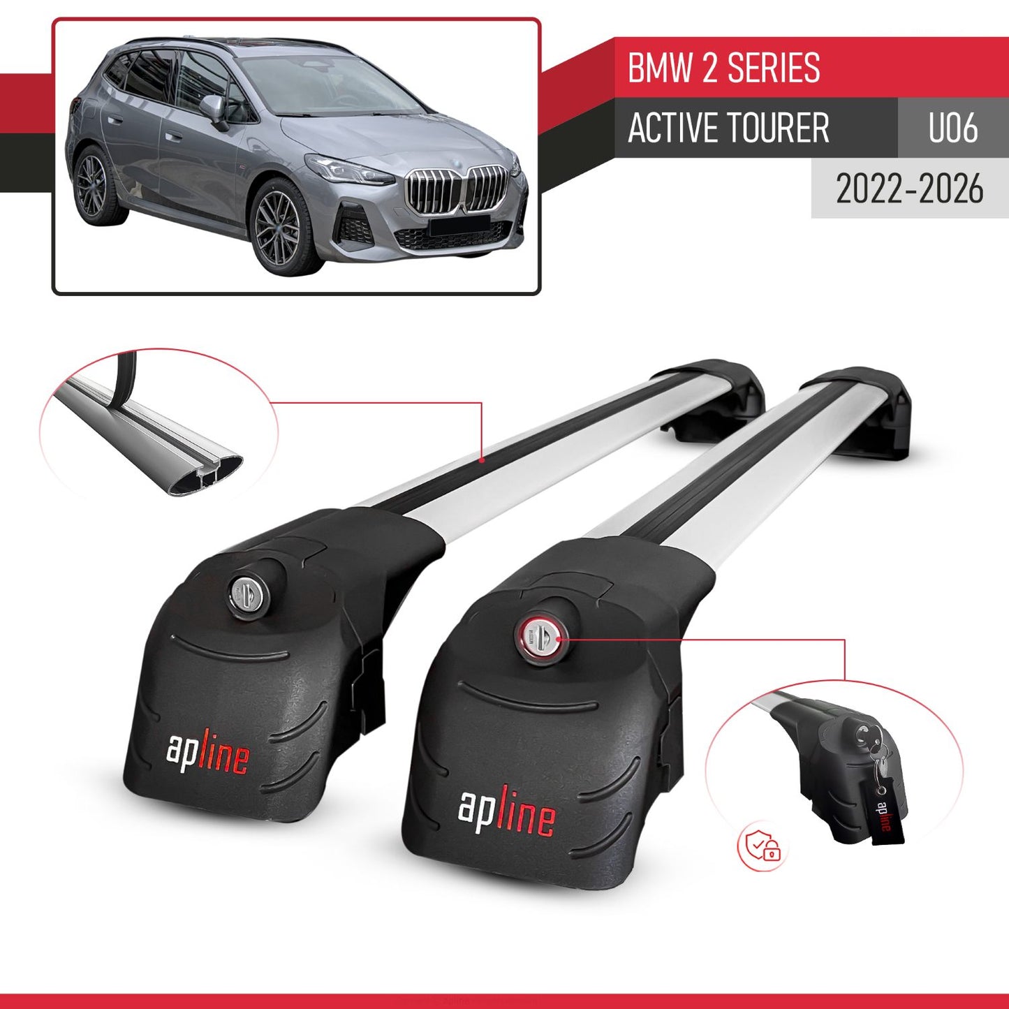 Compatible con BMW 2 Series Active Tourer 2022-2024 ACE-2 Barras de Techo Auto Portaequipajes Barras Transversales Gris Aluminio 2 Barras