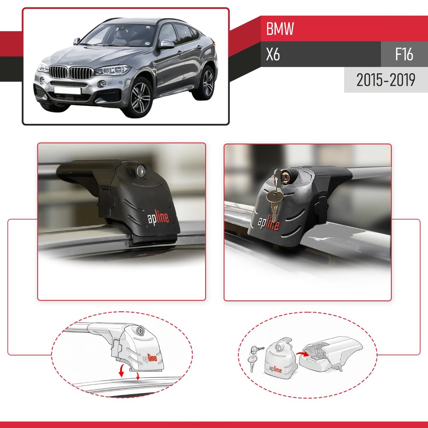 Compatible con BMW X6 (F16) 2015-2019 ACE-2 Barras de Techo Auto Portaequipajes Barras Transversales Gris Aluminio 2 Barras