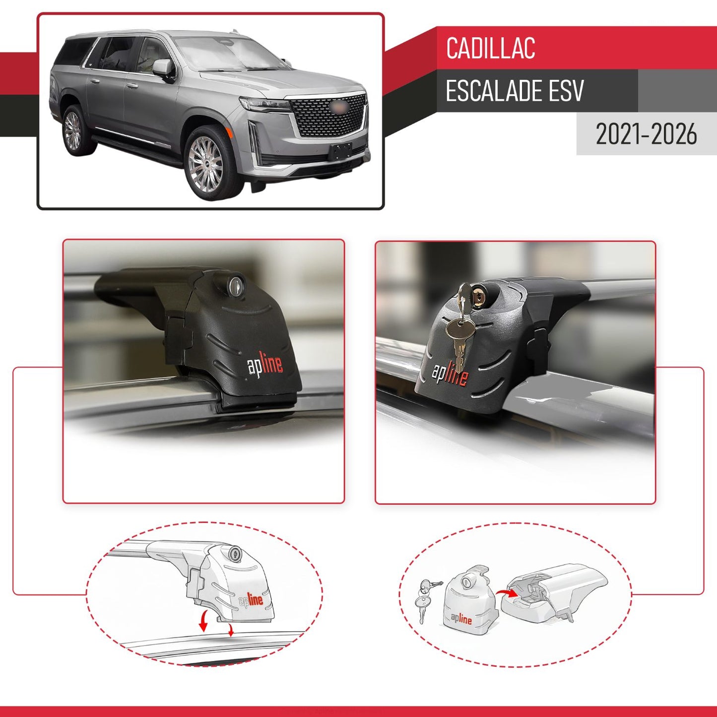 Compatible con Cadillac Escalade ESV 2021-2024 ACE-2 Barras de Techo Auto Portaequipajes Barras Transversales Gris Aluminio 2 Barras
