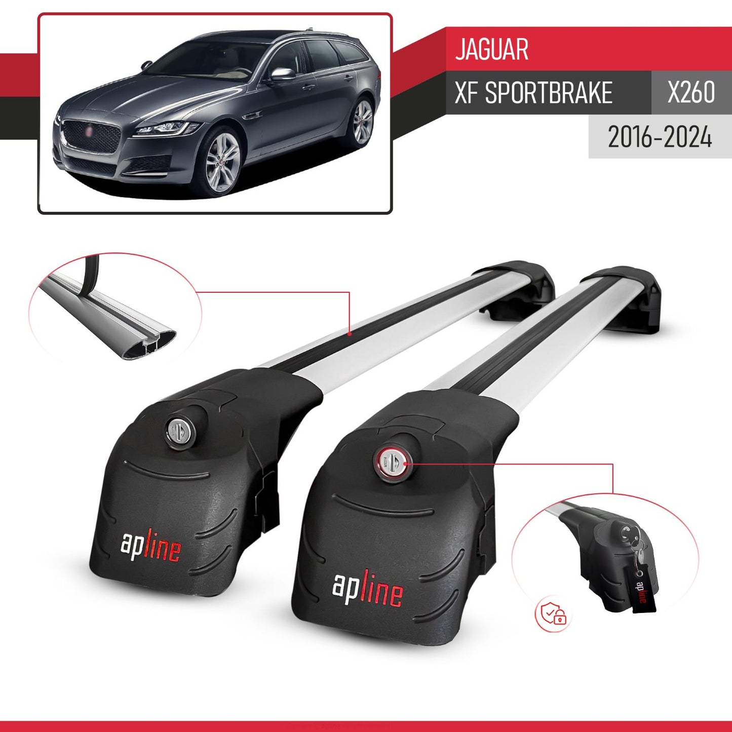 Compatible con Jaguar XF S 2018-2024 ACE-2 Barras de Techo Auto Portaequipajes Barras Transversales Gris Aluminio 2 Barras