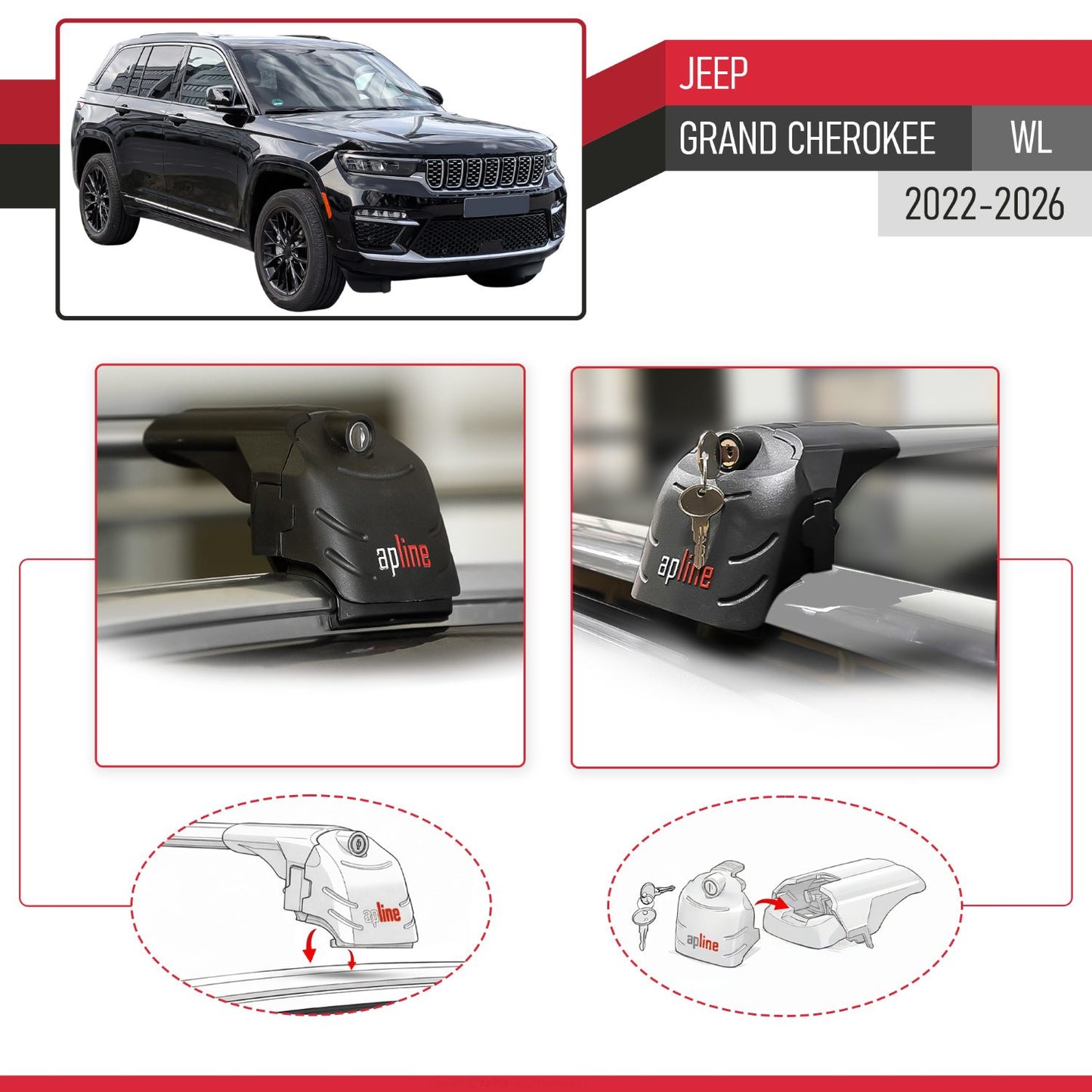 Compatible con Jeep Grand Cherokee 2022-2024 ACE-2 Barras de Techo Auto Portaequipajes Barras Transversales Gris Aluminio 2 Barras