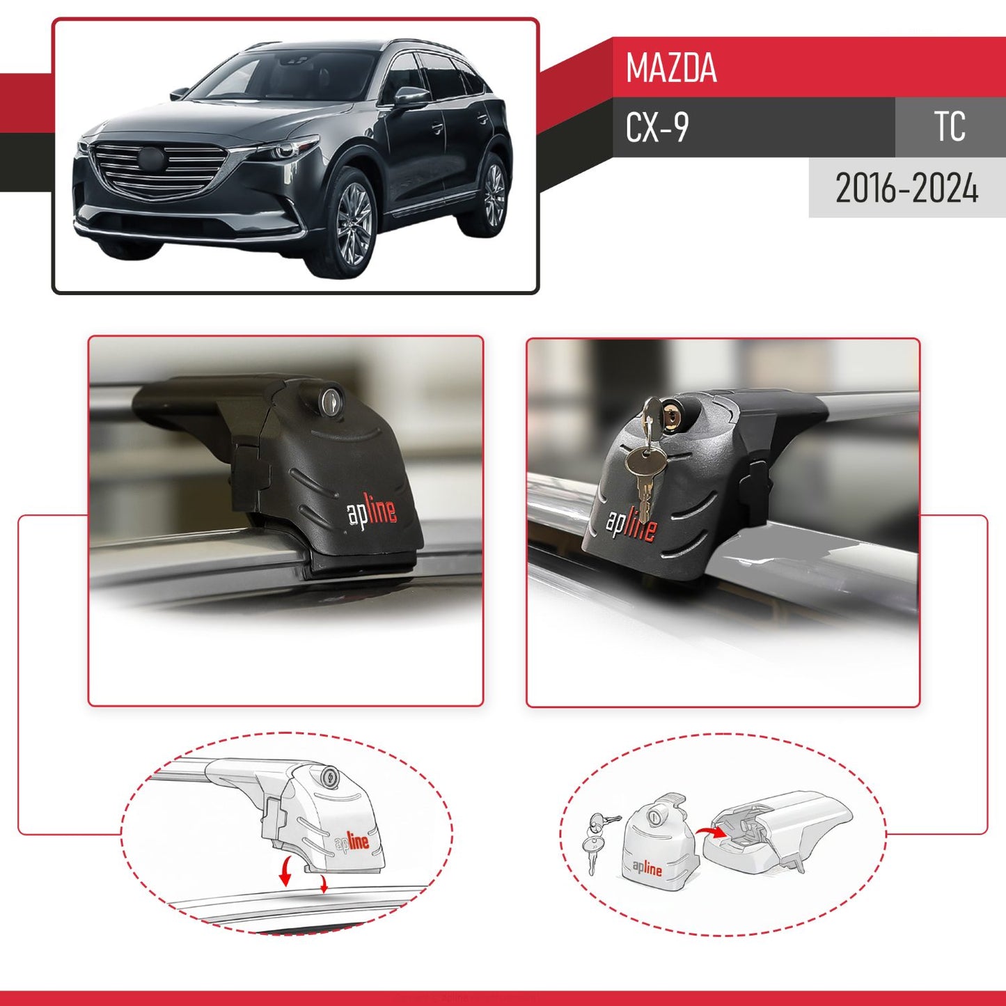 Compatible con Mazda CX-9 2016-2023 ACE-2 Barras de Techo Auto Portaequipajes Barras Transversales Gris Aluminio 2 Barras