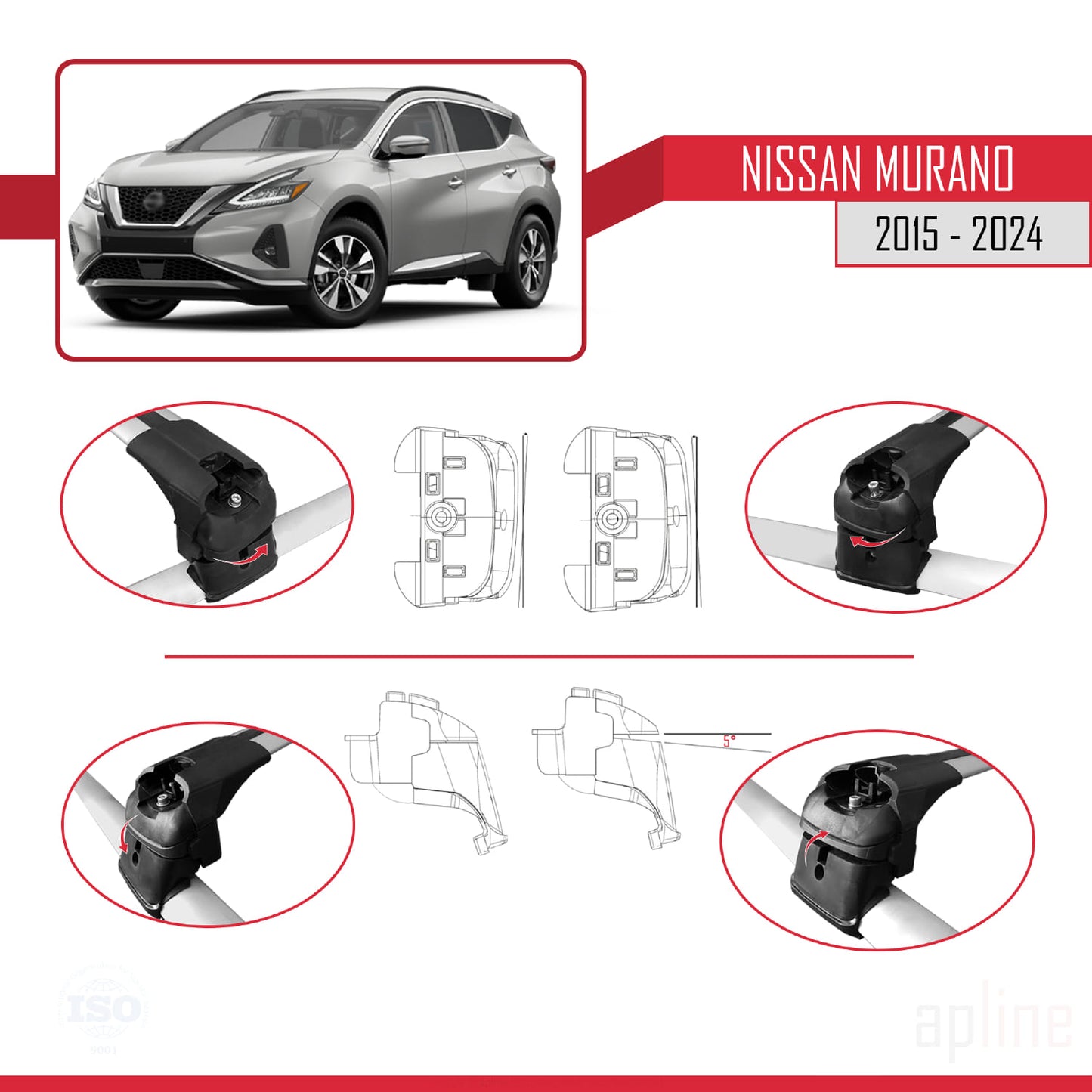 Compatible avec Nissan Murano 2015-2024 ACE-2 Barres de Toit Railing Porte-Bagages de Voiture Gris Aluminium 2 Barres