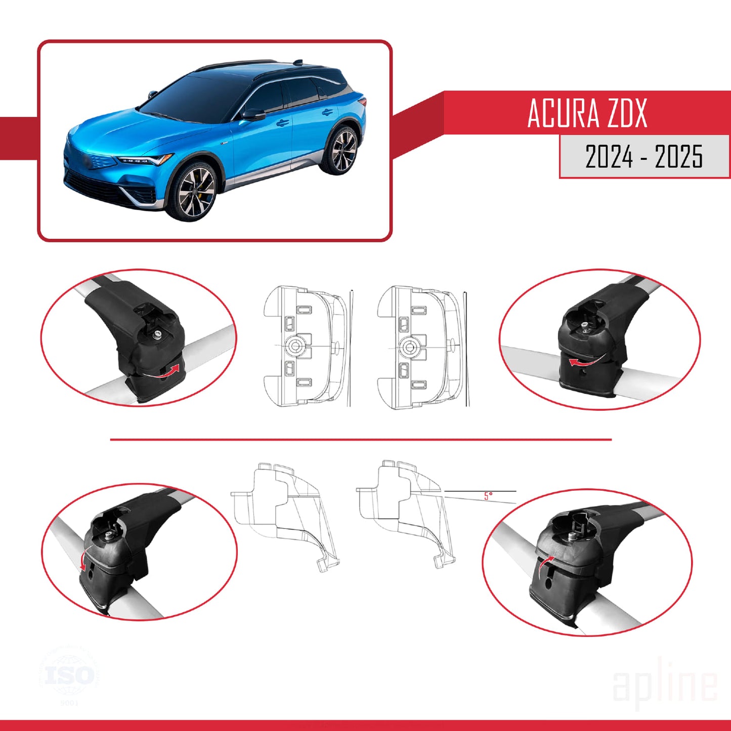 Kompatibel mit Acura ZDX 2024-2025 ACE-2 Dachgepäckträger, Reling, Gepäckträger, graues Aluminium, 2 Stangen