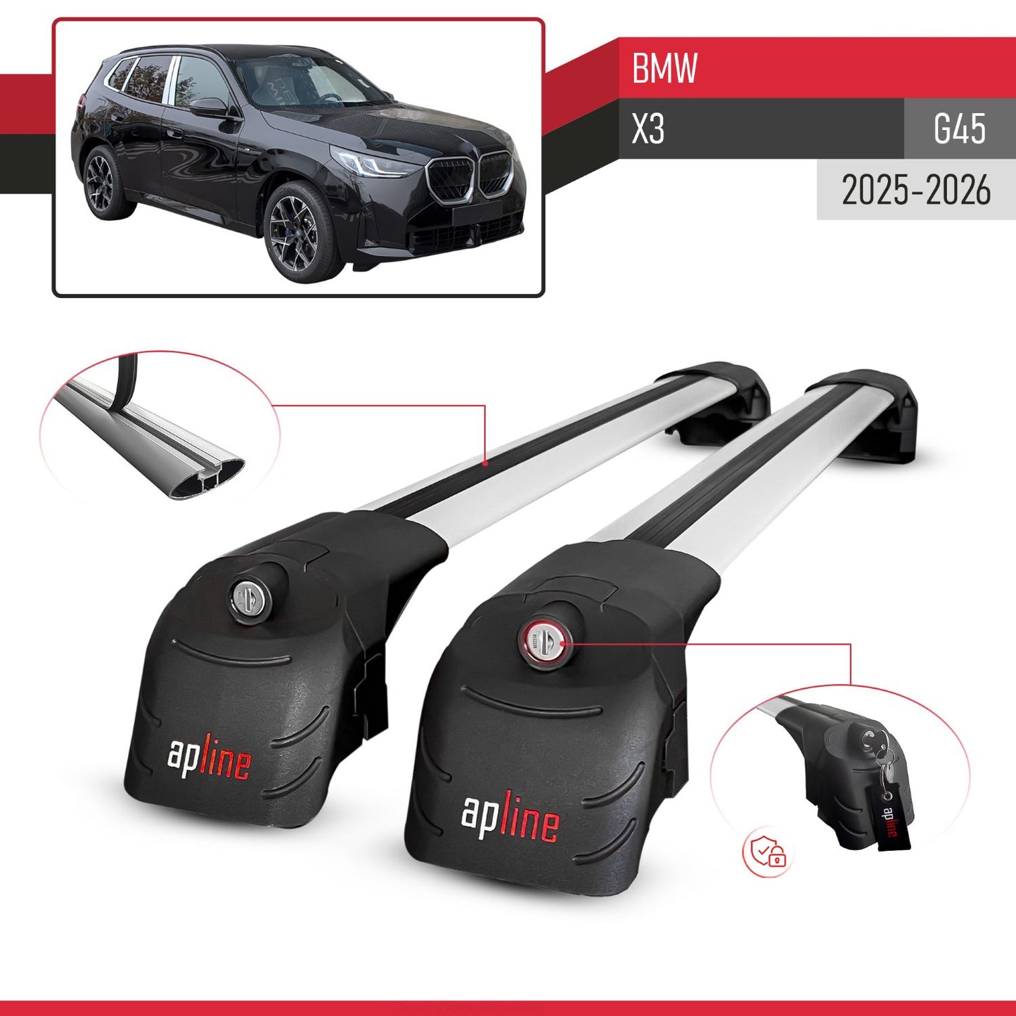 Compatible con BMW X3 (G45) 2025 ACE-2 Barras de Techo Auto Portaequipajes Barras Transversales Gris Aluminio 2 Barras