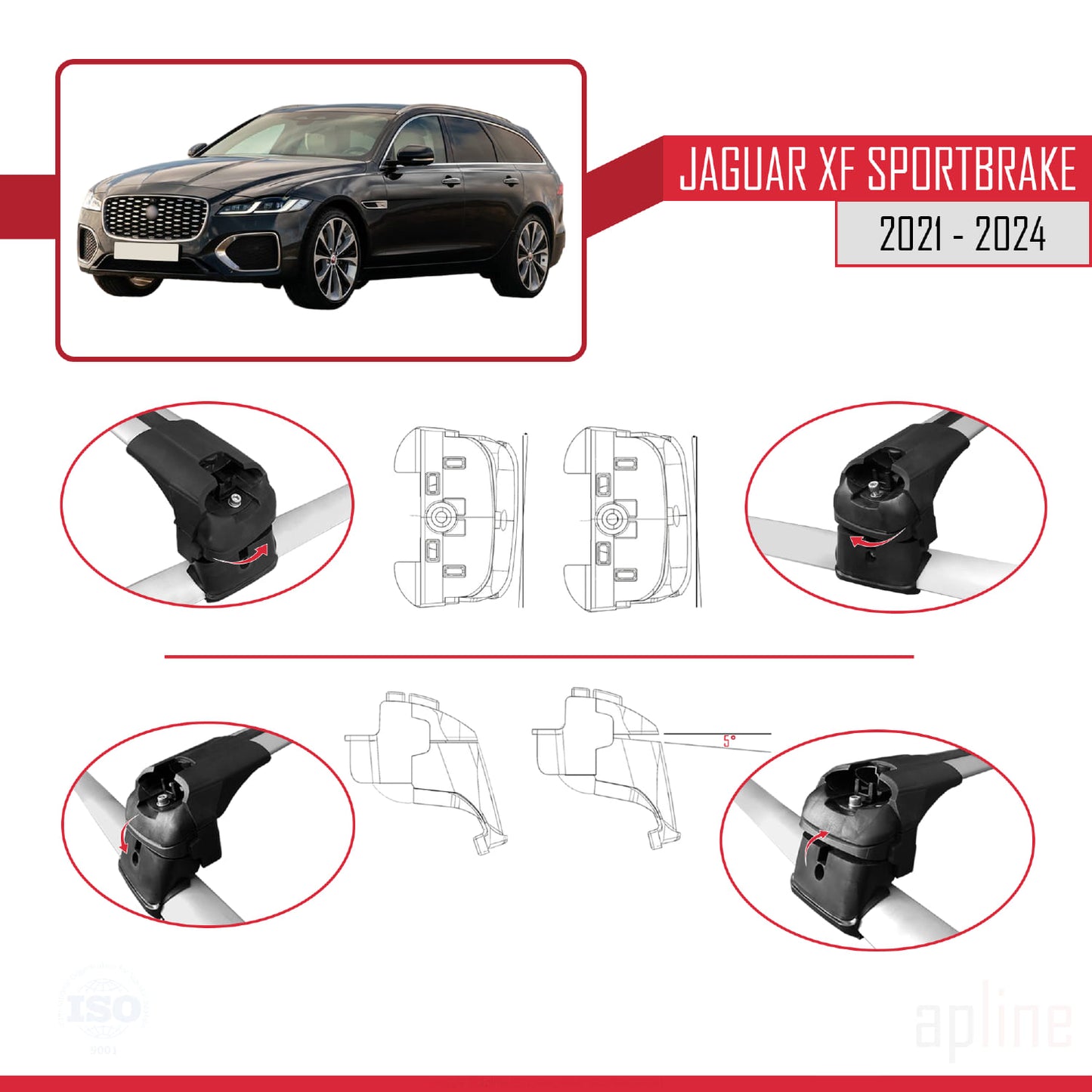 Compatible with Jaguar XF Sportbrake 2015-2025 ACE-2 Car Roof Rack Cross Bar Grey Aluminium 2 Bars