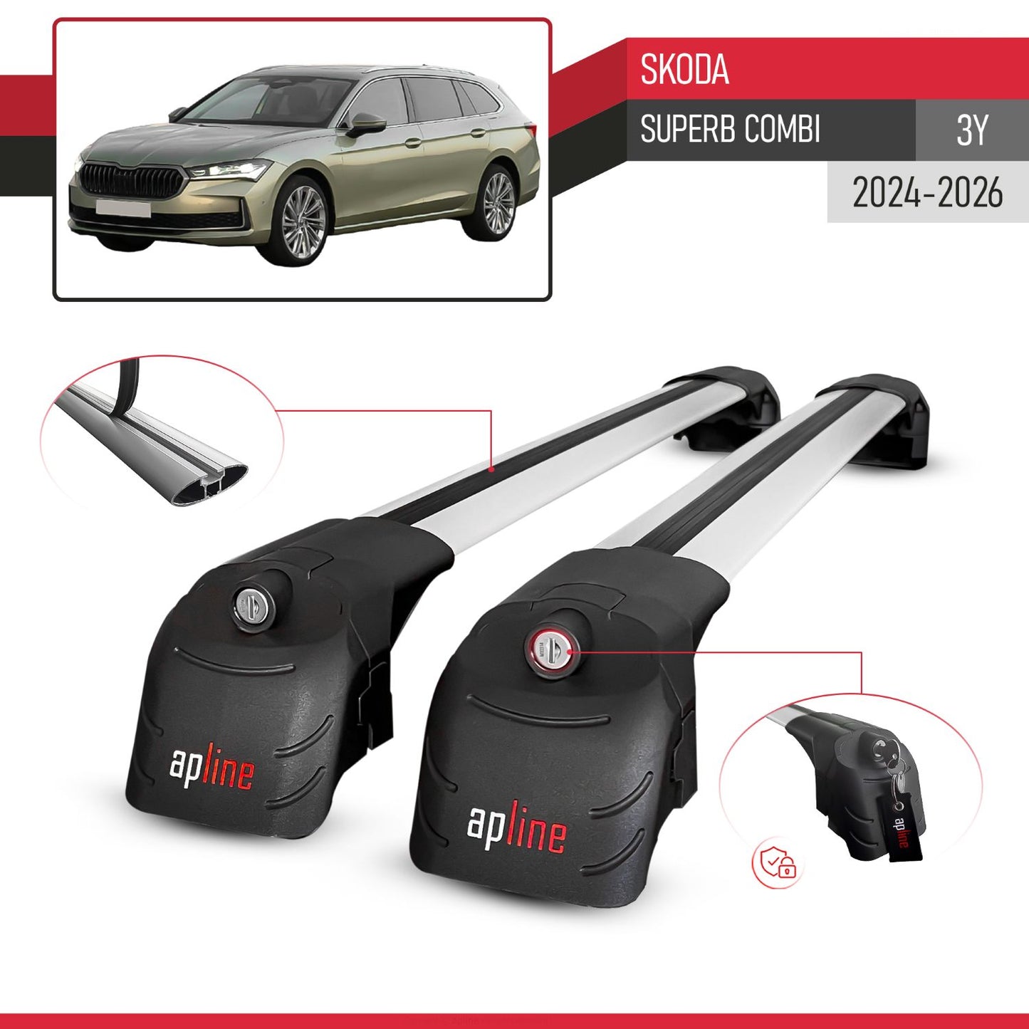 Compatible con Skoda Superb Combi 2024-2025 ACE-2 Barras de Techo Auto Portaequipajes Barras Transversales Gris Aluminio 2 Barras