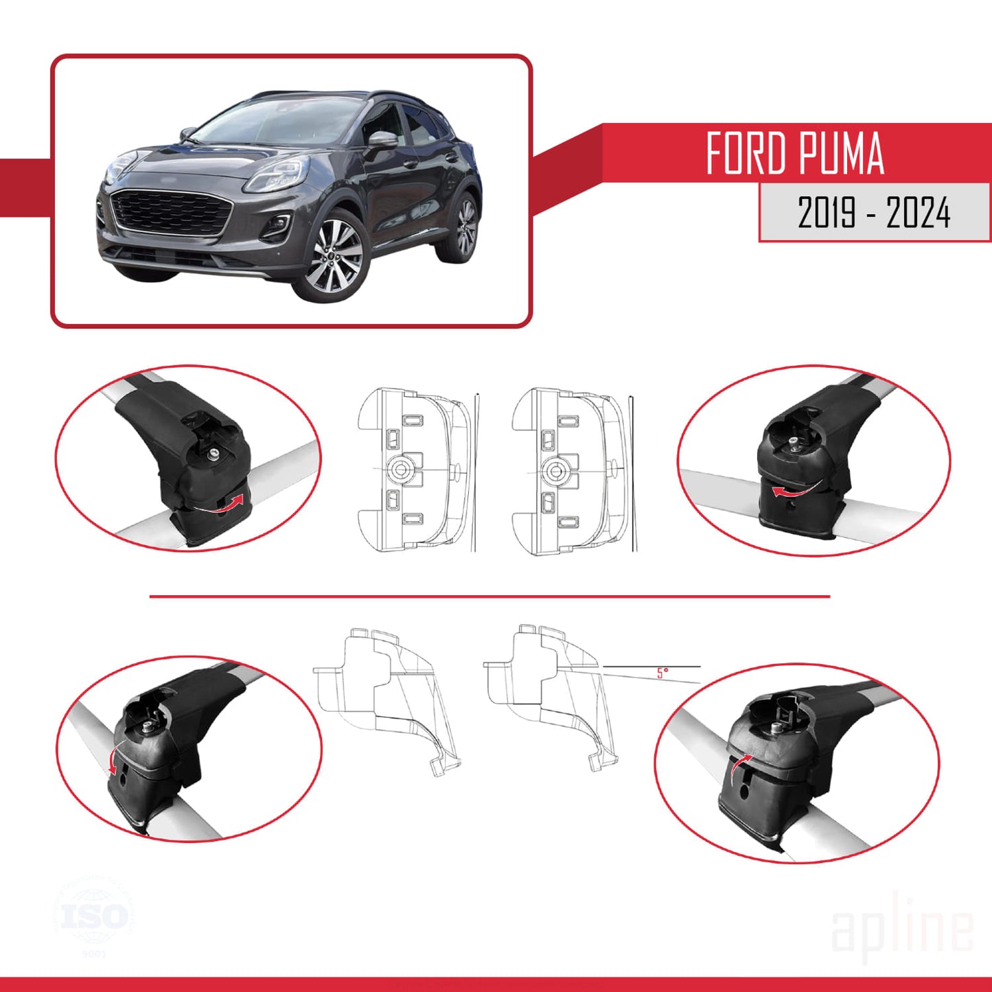 Compatible with Ford Puma 2019-2024 ACE-2 Car Roof Rack Cross Bar Grey Aluminium 2 Bars