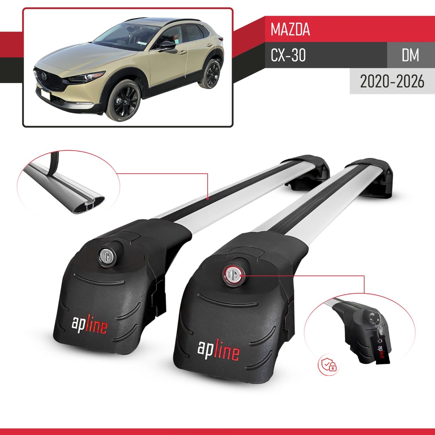 Compatible con Mazda CX-30 2020-2025 ACE-2 Barras de Techo Auto Portaequipajes Barras Transversales Gris Aluminio 2 Barras