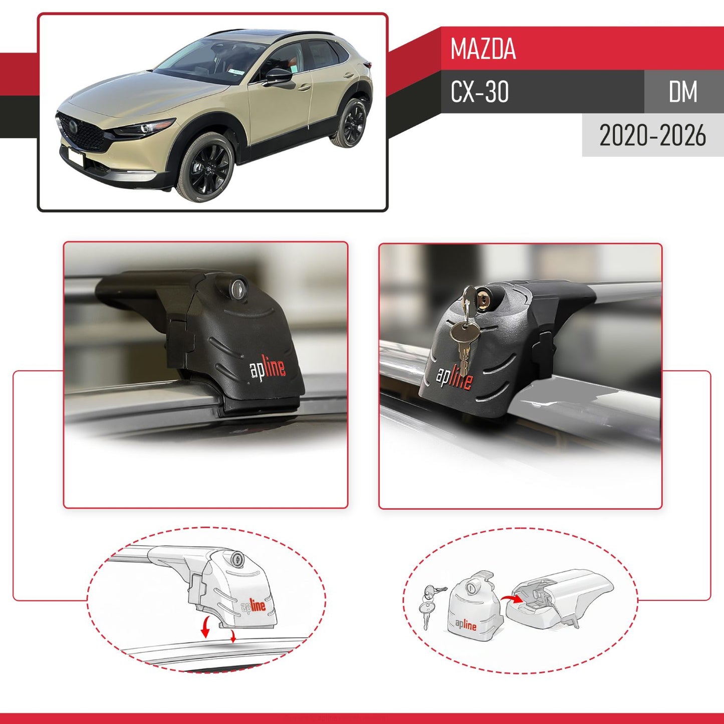 Compatible con Mazda CX-30 2020-2025 ACE-2 Barras de Techo Auto Portaequipajes Barras Transversales Gris Aluminio 2 Barras