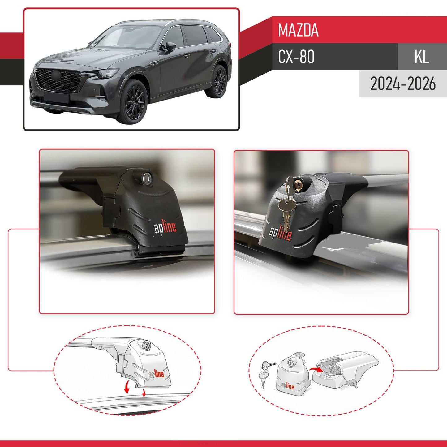 Compatible con Mazda CX-80 2024-2025 ACE-2 Barras de Techo Auto Portaequipajes Barras Transversales Gris Aluminio 2 Barras