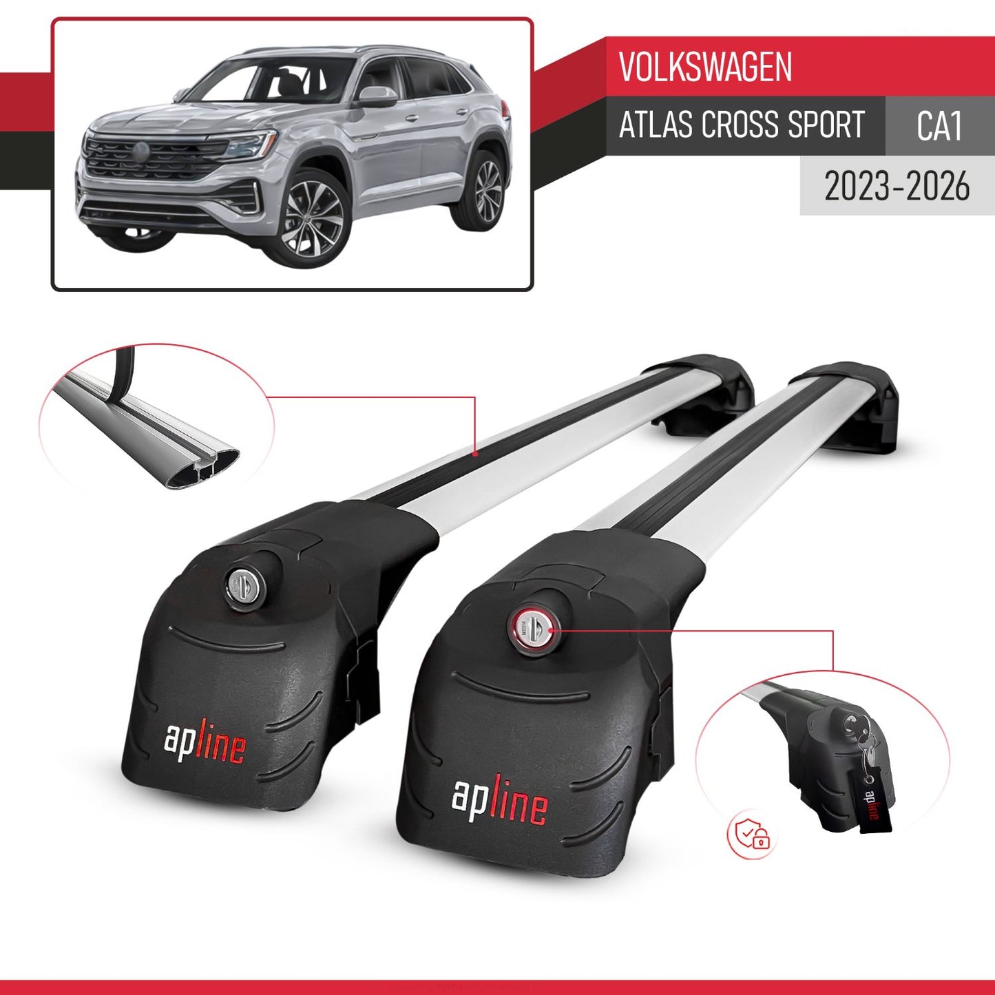 Compatible con Volkswagen Atlas Cross Sport 2023-2025 ACE-2 Barras de Techo Auto Portaequipajes Barras Transversales Gris Aluminio 2 Barras