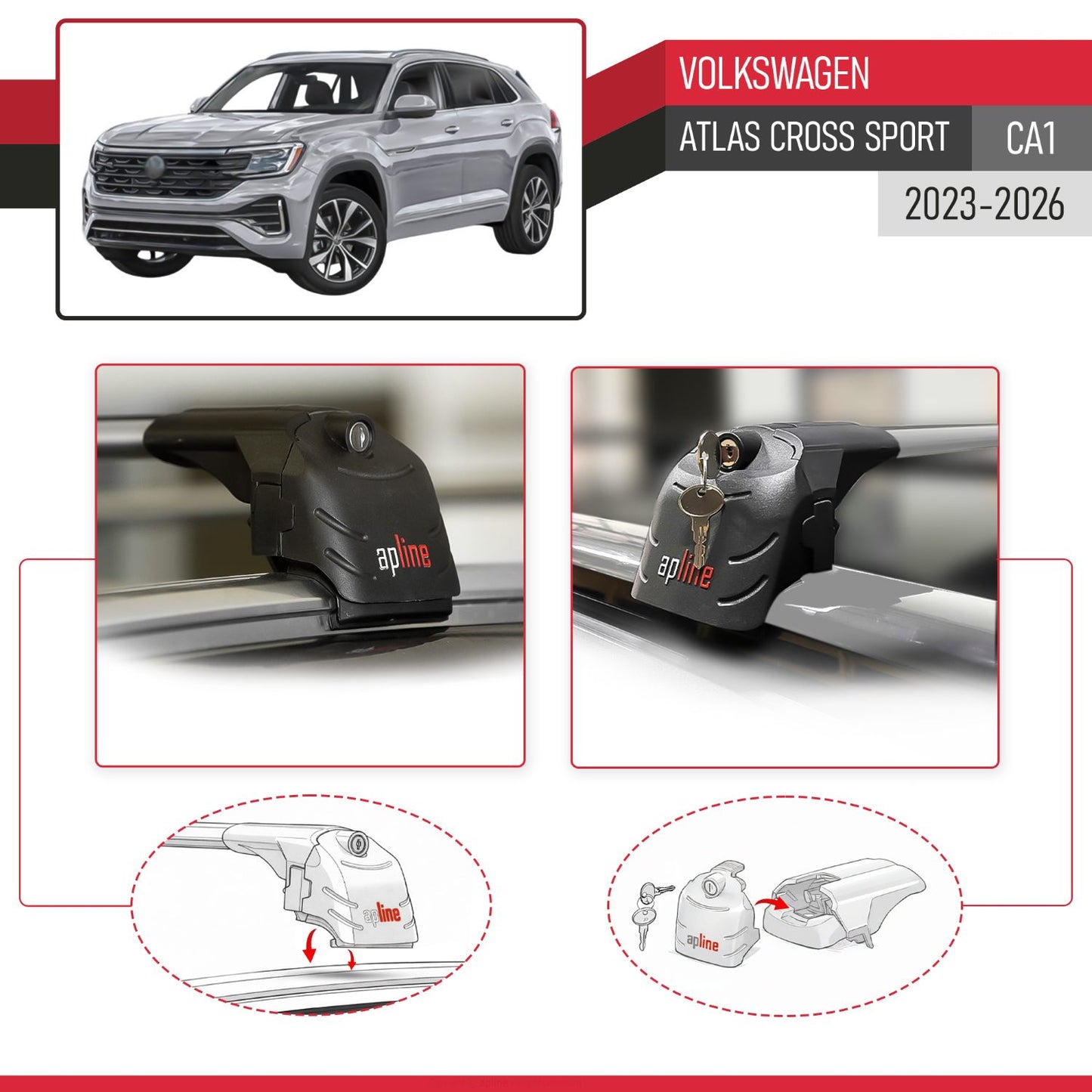 Compatible con Volkswagen Atlas Cross Sport 2023-2025 ACE-2 Barras de Techo Auto Portaequipajes Barras Transversales Gris Aluminio 2 Barras