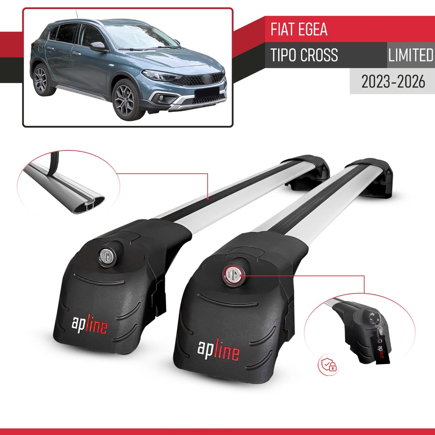 Compatible con Fiat Egea / Tipo Cross (LIMITED) 2023-2025 ACE-2 Barras de Techo Auto Portaequipajes Barras Transversales Gris Aluminio 2 Barras