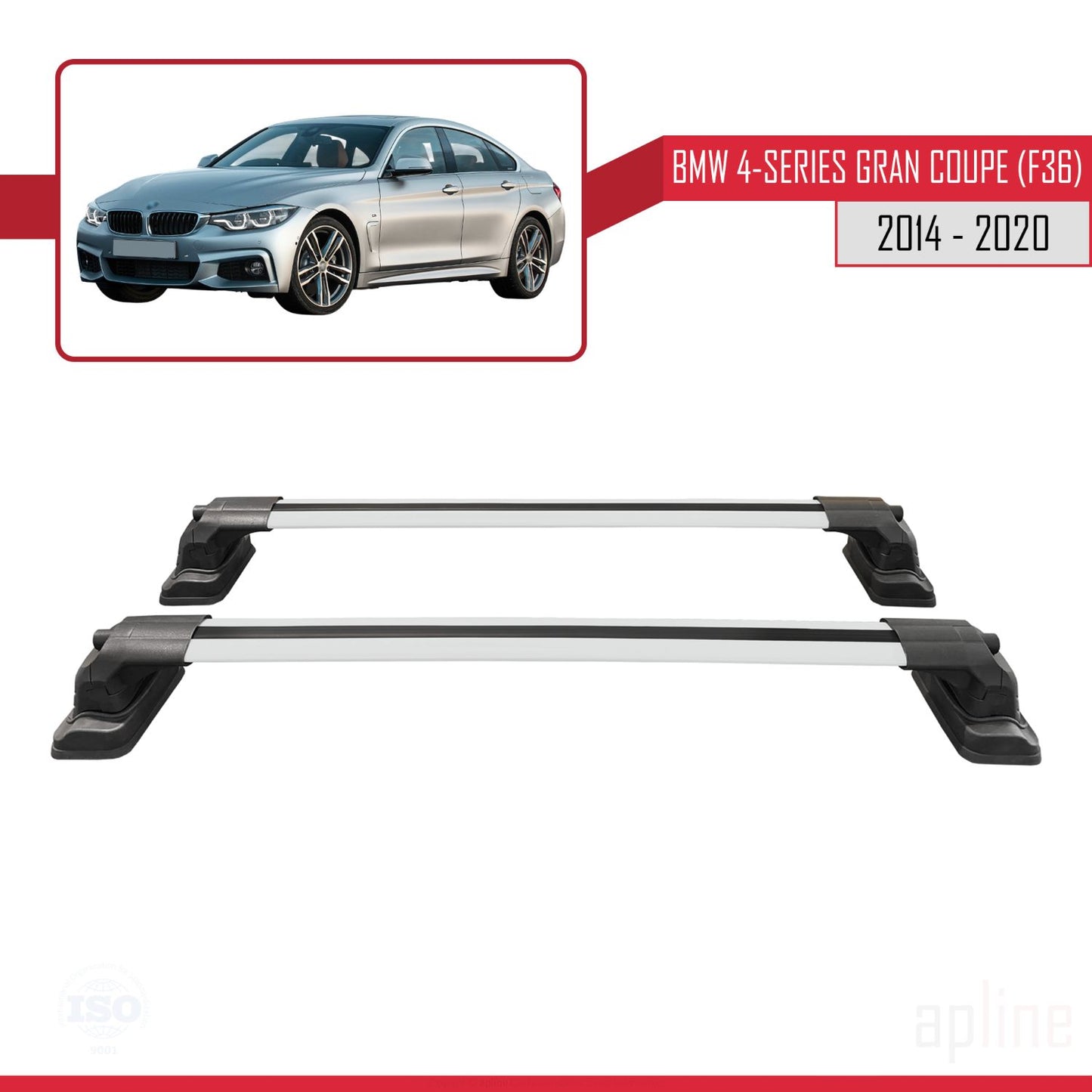 Compatibile con BMW Serie 4 Gran Coupé (F36) 2014-2020 ACE-3 Barre portatutto per auto Portapacchi in alluminio grigio 2 barre