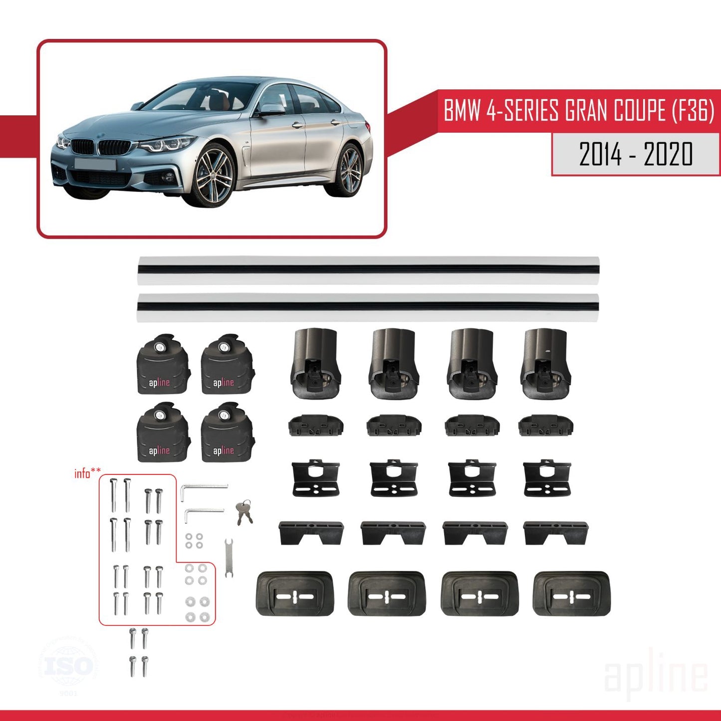 Compatibile con BMW Serie 4 Gran Coupé (F36) 2014-2020 ACE-3 Barre portatutto per auto Portapacchi in alluminio grigio 2 barre