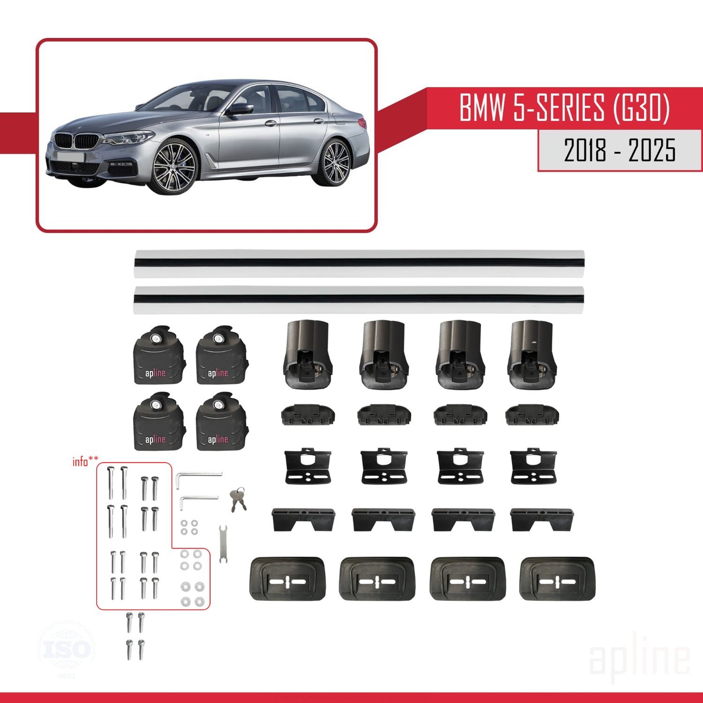 Compatibile con BMW Serie 5 (G30) 2018-2025 ACE-3 Barre portatutto per auto Portapacchi Alluminio grigio 2 barre