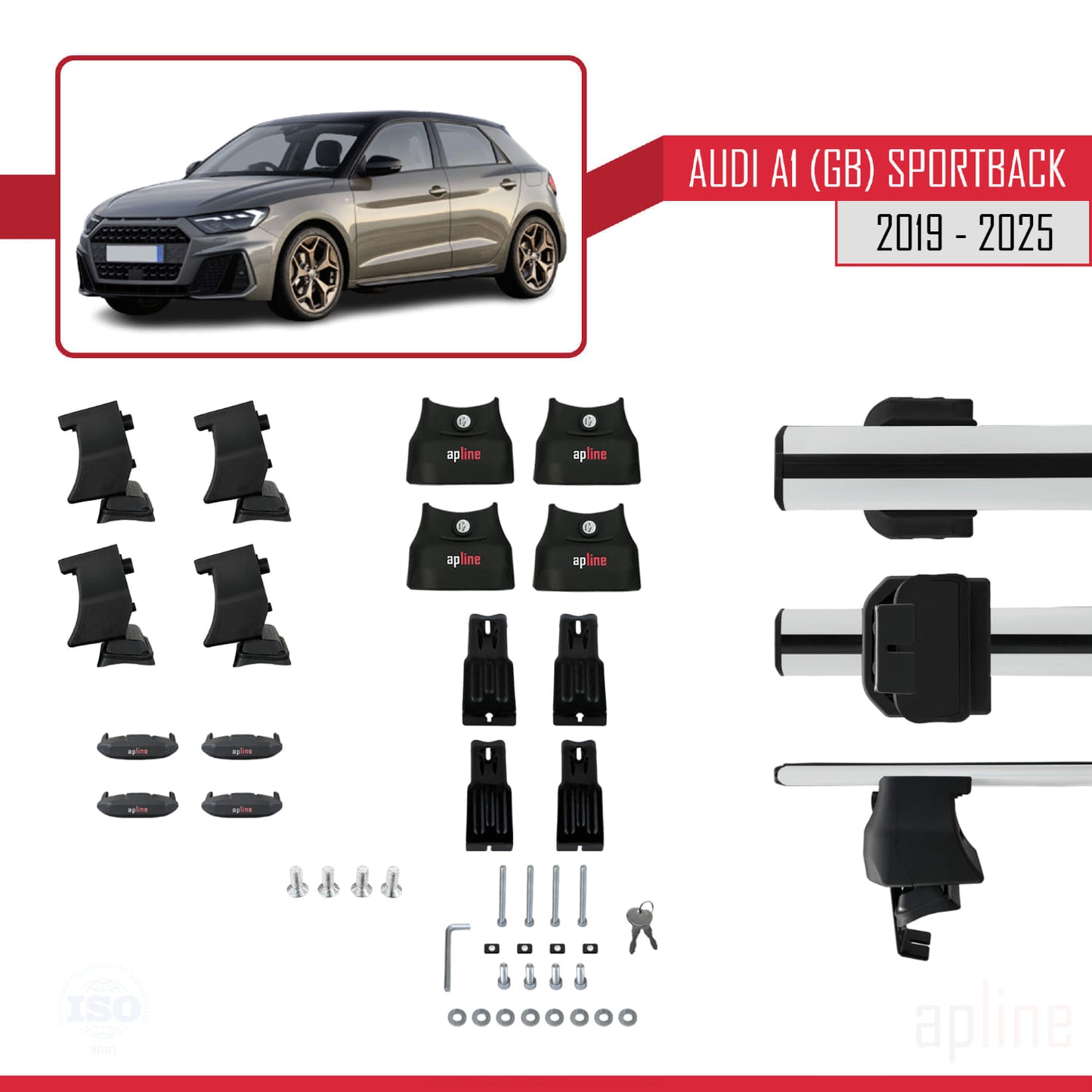 Kompatibel mit A1 (GB) Sportback 2019-2025 ACE-4 Dachgepäckträger, graues Aluminium, 2 Stangen