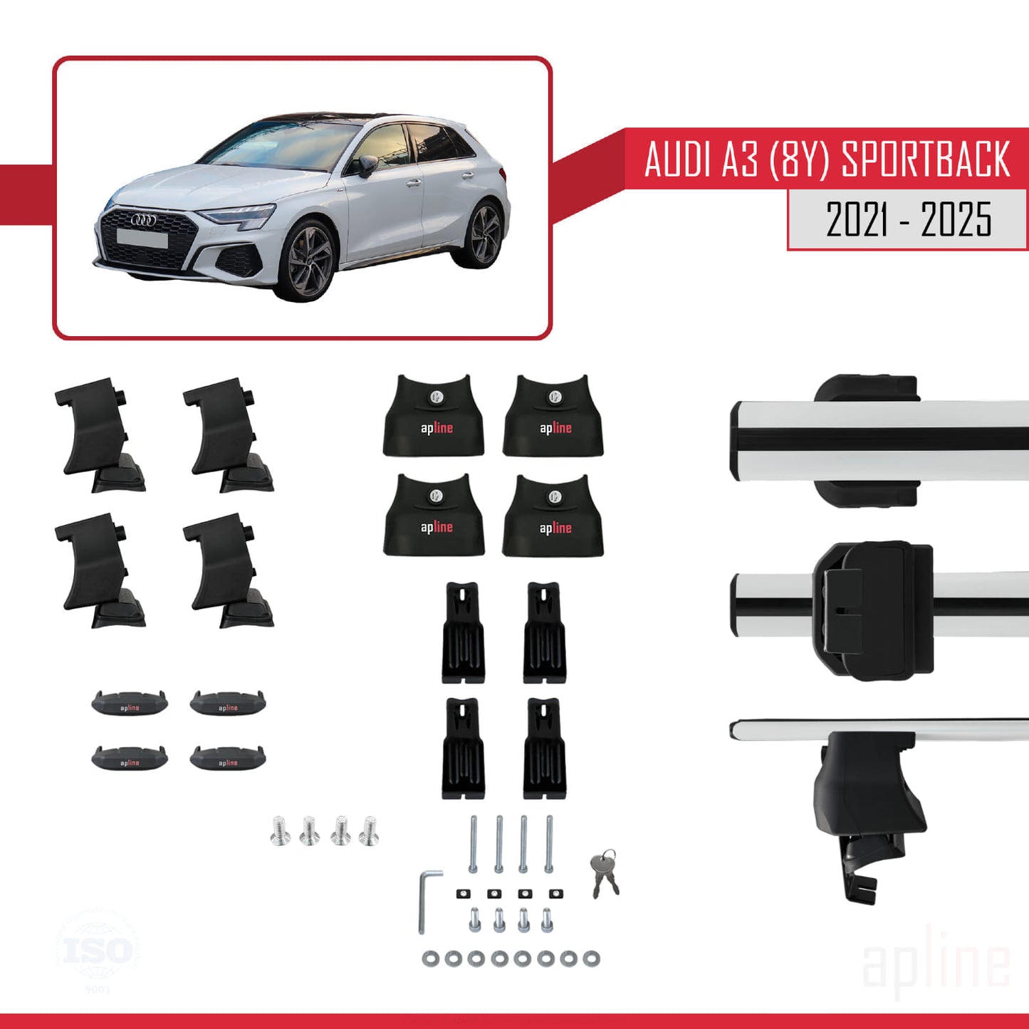 Kompatibel mit A3 (8Y) Sportback 2020-2025 ACE-4 Dachgepäckträger, Reling, Gepäckträger, graues Aluminium, 2 Stangen