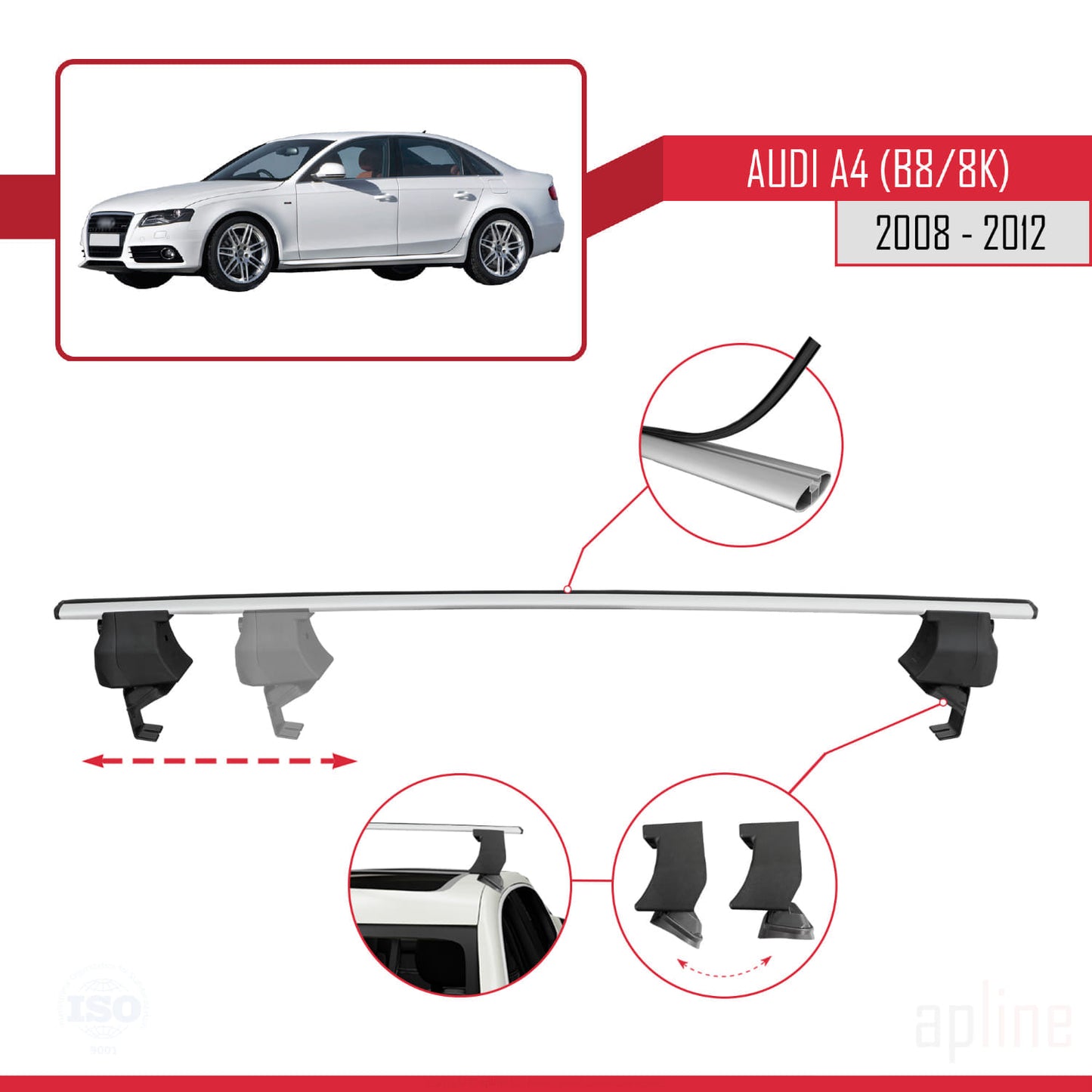 Compatibile con A4 (B8) Pre-Facelift 2008-2012 ACE-4 Barre portatutto per auto Portapacchi in alluminio grigio 2 barre