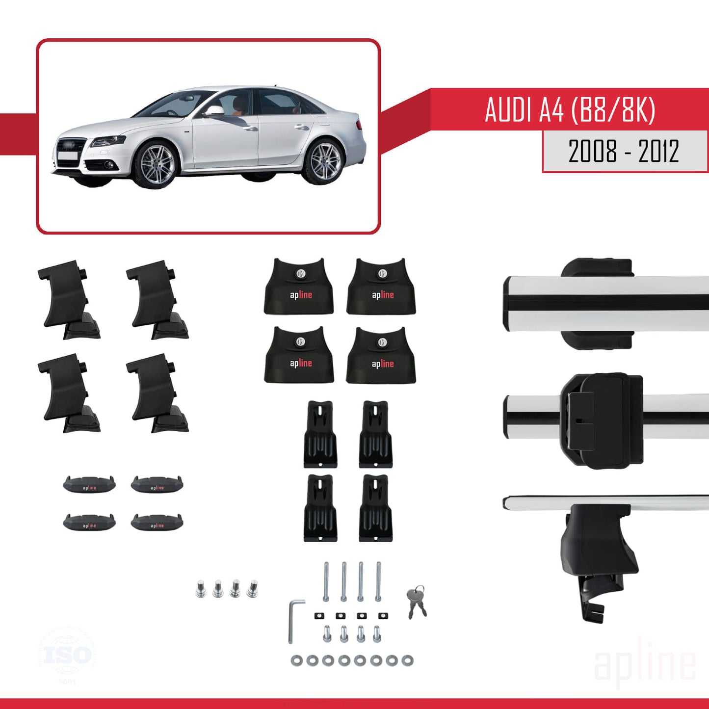 Compatibile con A4 (B8) Pre-Facelift 2008-2012 ACE-4 Barre portatutto per auto Portapacchi in alluminio grigio 2 barre