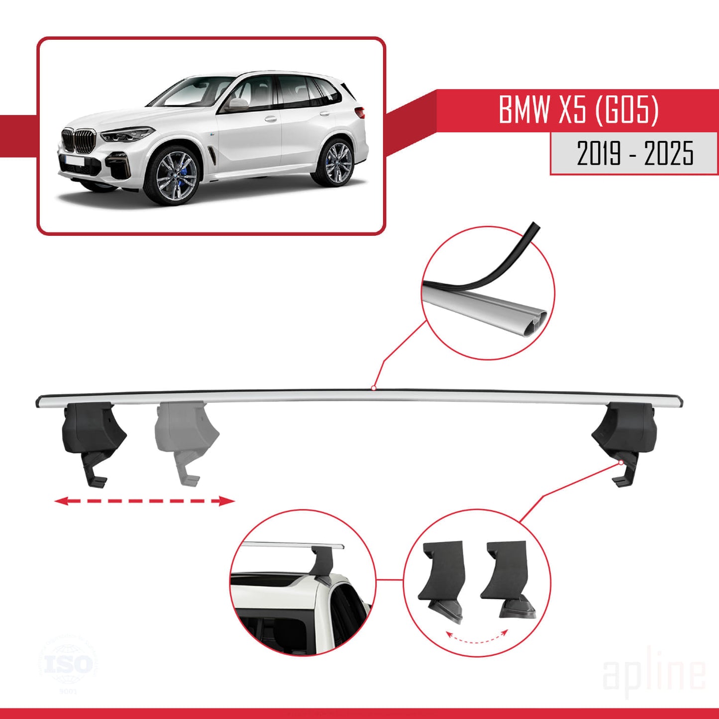 Kompatibel mit BMW X5 (G05) 2019-2025 ACE-4 Dachgepäckträger, Reling, Autogepäckträger, Graues Aluminium, 2 Stangen