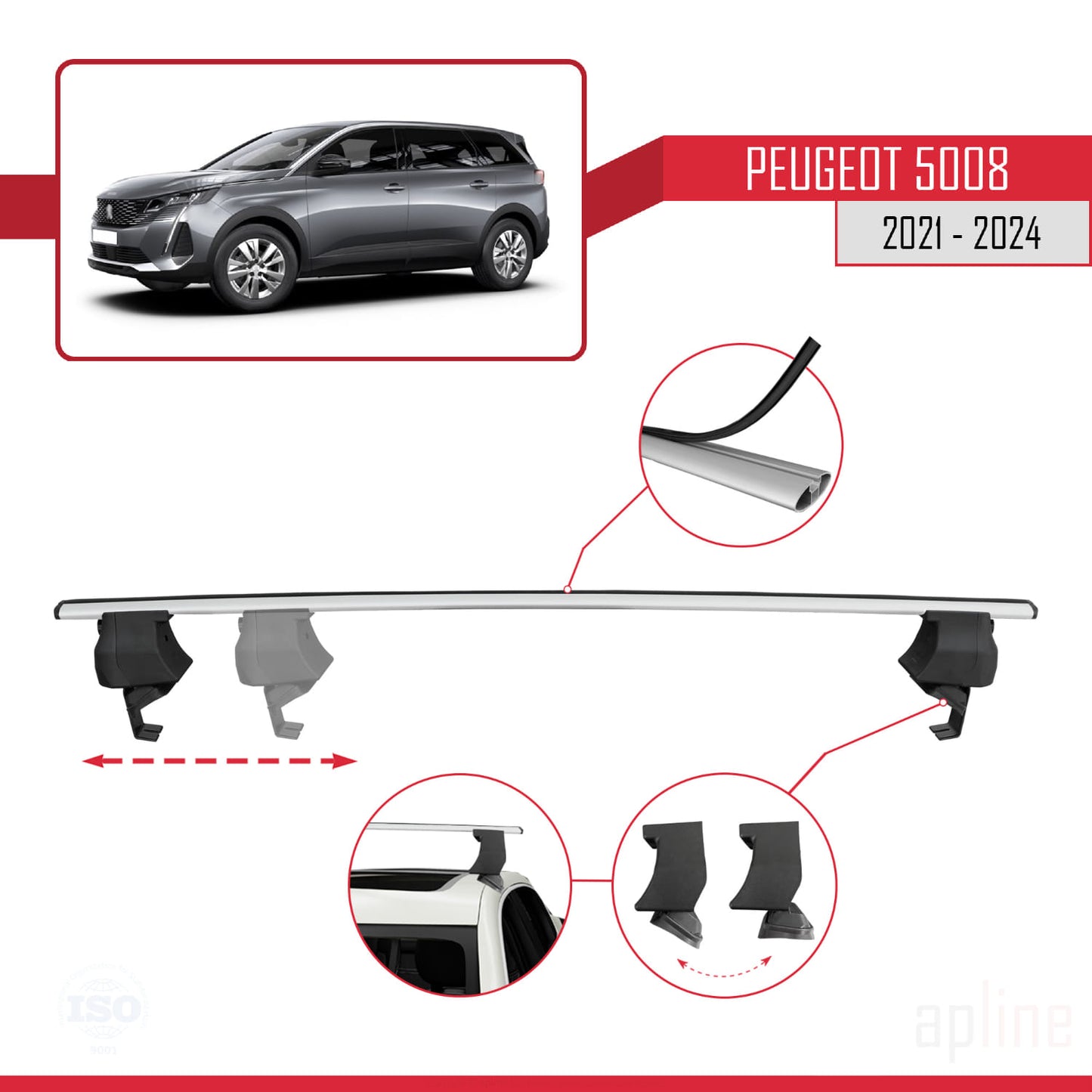 Compatible with Peugeot 5008 II (P87) Post-Facelift 2021-2024 ACE-4 Car Roof Rack Cross Bar Grey Aluminium 2 Bars