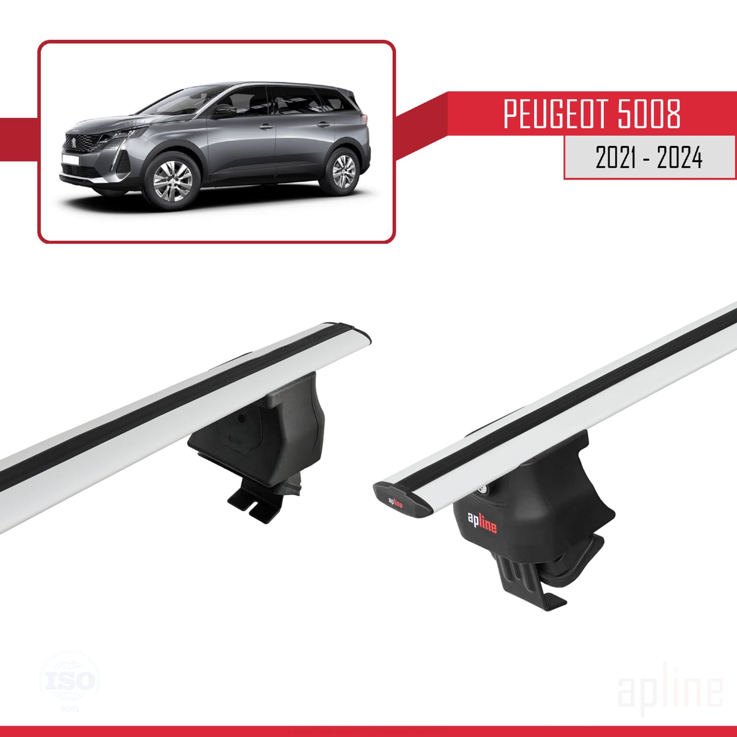 Compatible with Peugeot 5008 II (P87) Post-Facelift 2021-2024 ACE-4 Car Roof Rack Cross Bar Grey Aluminium 2 Bars