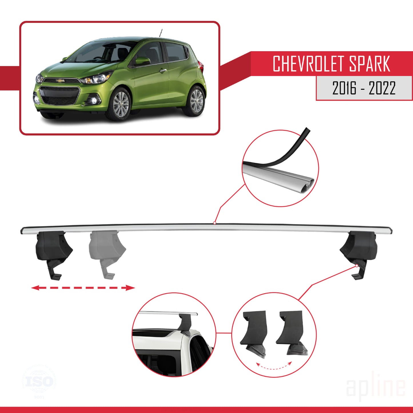 Compatibile con Chevrolet Spark (M400) 2016-2022 ACE-4 Barre portatutto per auto Portapacchi in alluminio grigio 2 barre