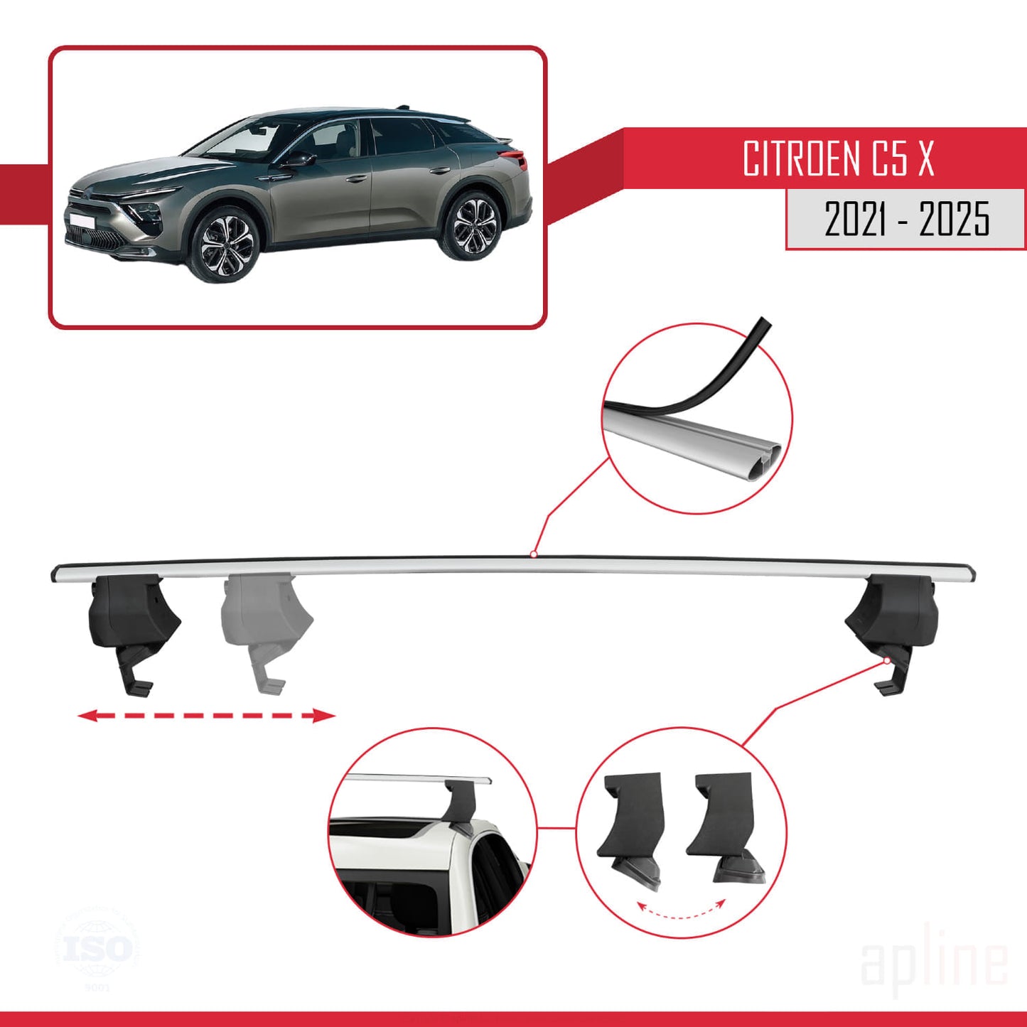 Compatibile con Citroen C5 X (E43) 2021-2025 ACE-4 Barre portatutto per auto Portapacchi in alluminio grigio 2 barre