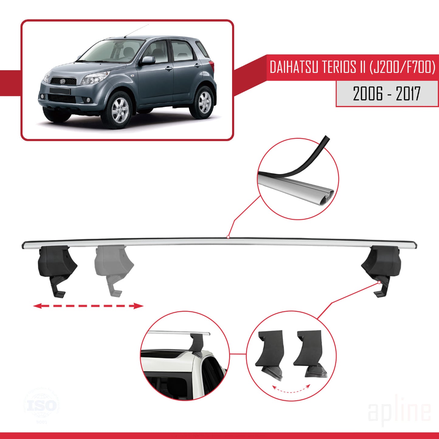 Compatibile con Daihatsu Terios 2 (J200/F700) 2006-2017 ACE-4 Barre portatutto per auto Portapacchi in alluminio grigio 2 barre
