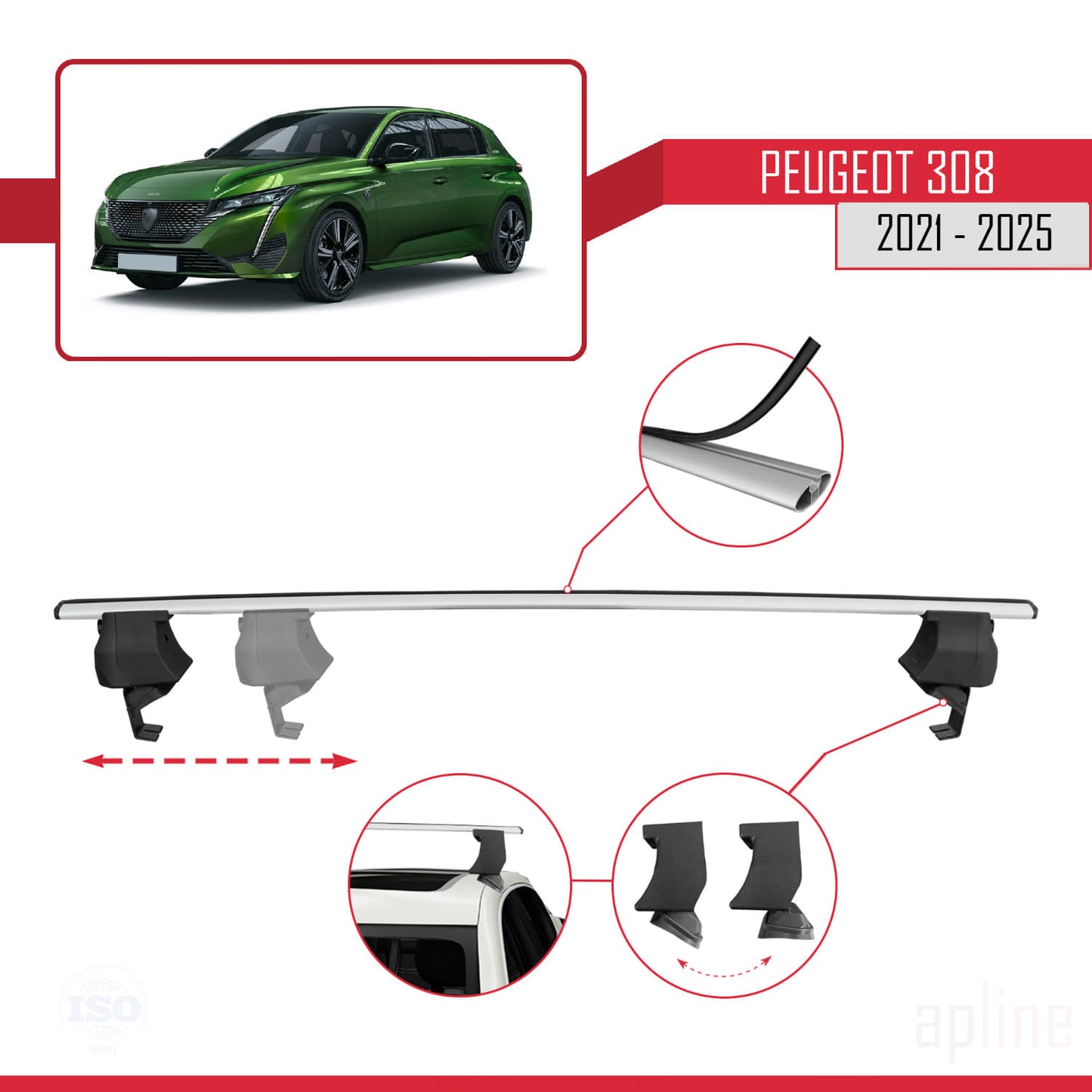 Compatible con Peugeot 308 III (P5) 2021-2025 ACE-4 Barras de Techo Auto Portaequipajes Barras Transversales Gris Aluminio 2 Barras