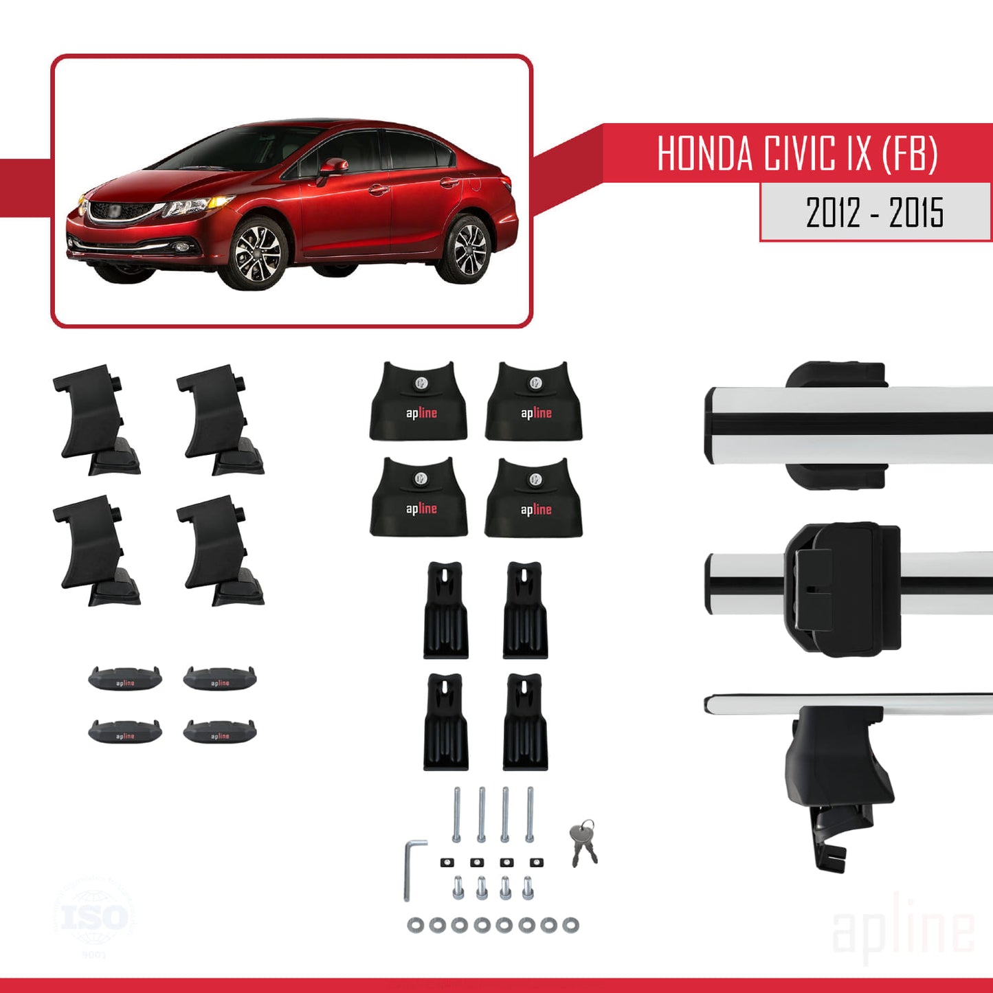 Compatible avec Honda Civic 9 (FB) Berline 2012-2015 ACE-4 Barres de Toit Railing Porte-Bagages de Voiture Gris Aluminium 2 Barres