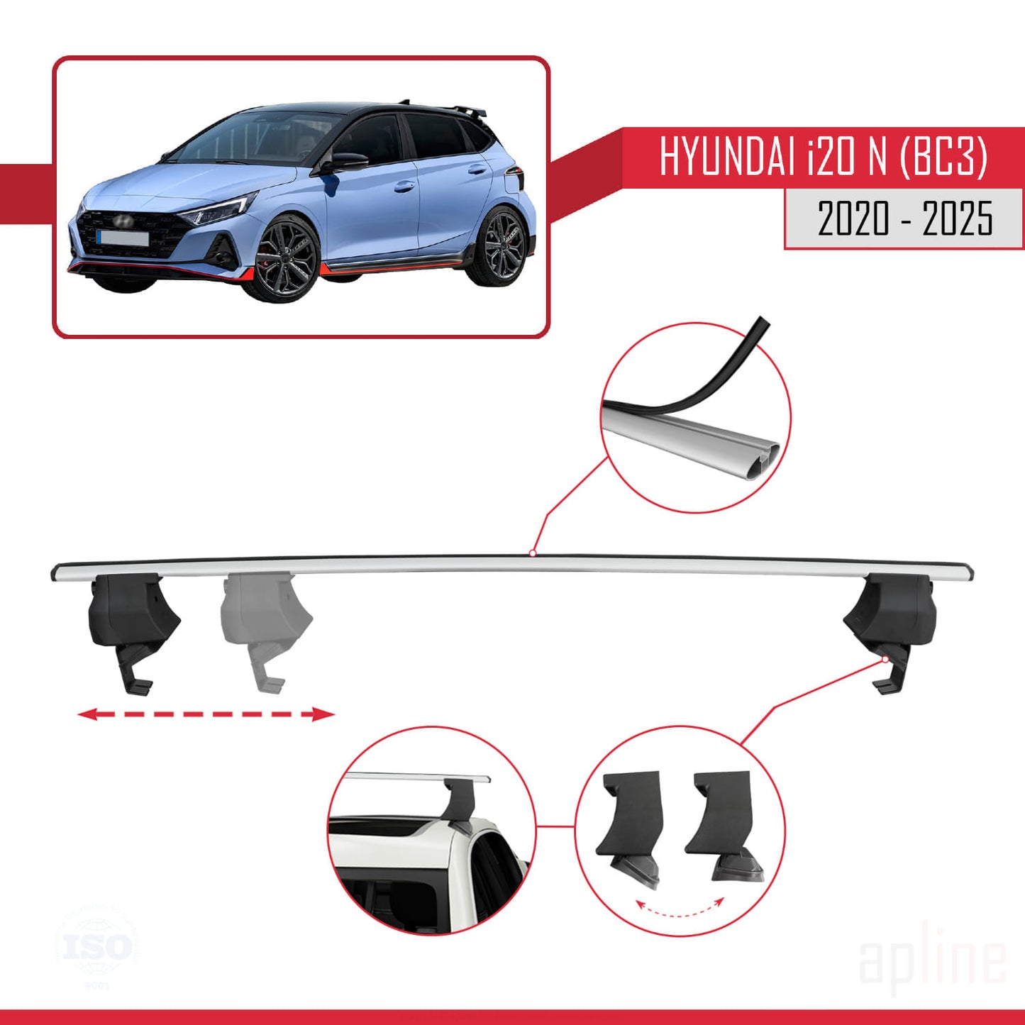 Compatible with Hyundai i20 III (BC3) N 2020-2025 ACE-4 Car Roof Rack Cross Bar Grey Aluminium 2 Bars