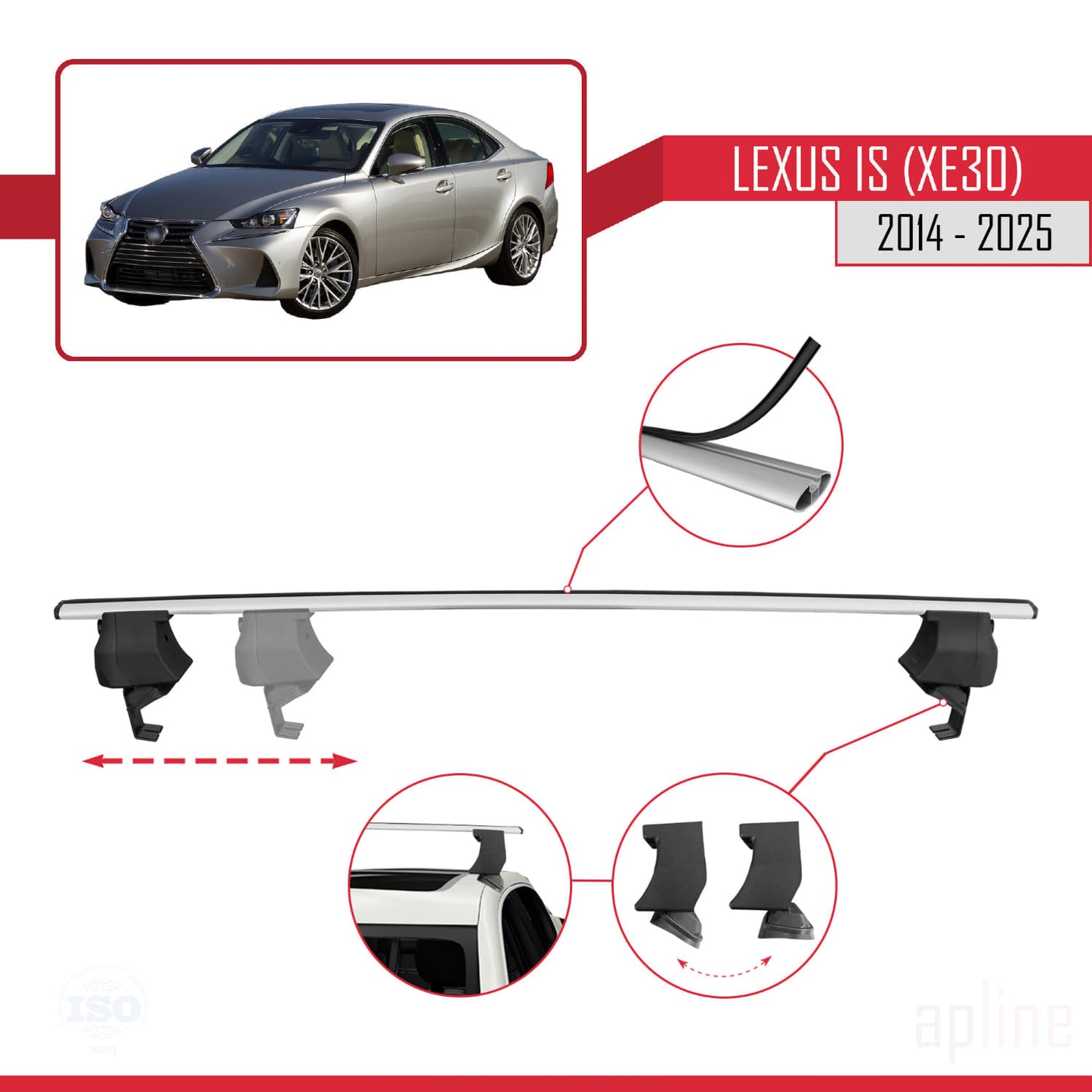 Compatible with Lexus IS 3 (XE30) 2014-2025 ACE-4 Car Roof Rack Cross Bar Grey Aluminium 2 Bars