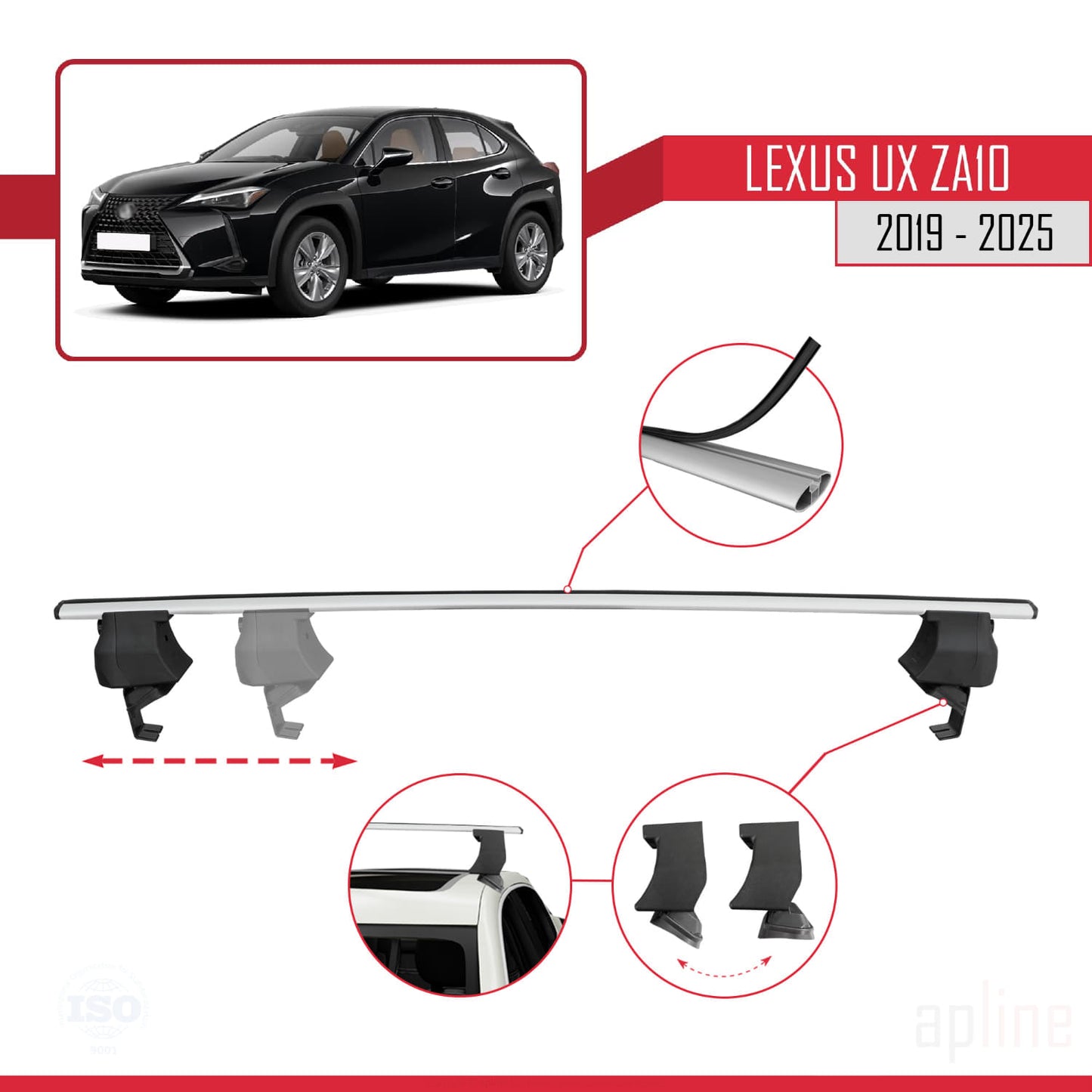 Compatible with Lexus UX (ZA10) 2019-2025 ACE-4 Car Roof Rack Cross Bar Grey Aluminium 2 Bars