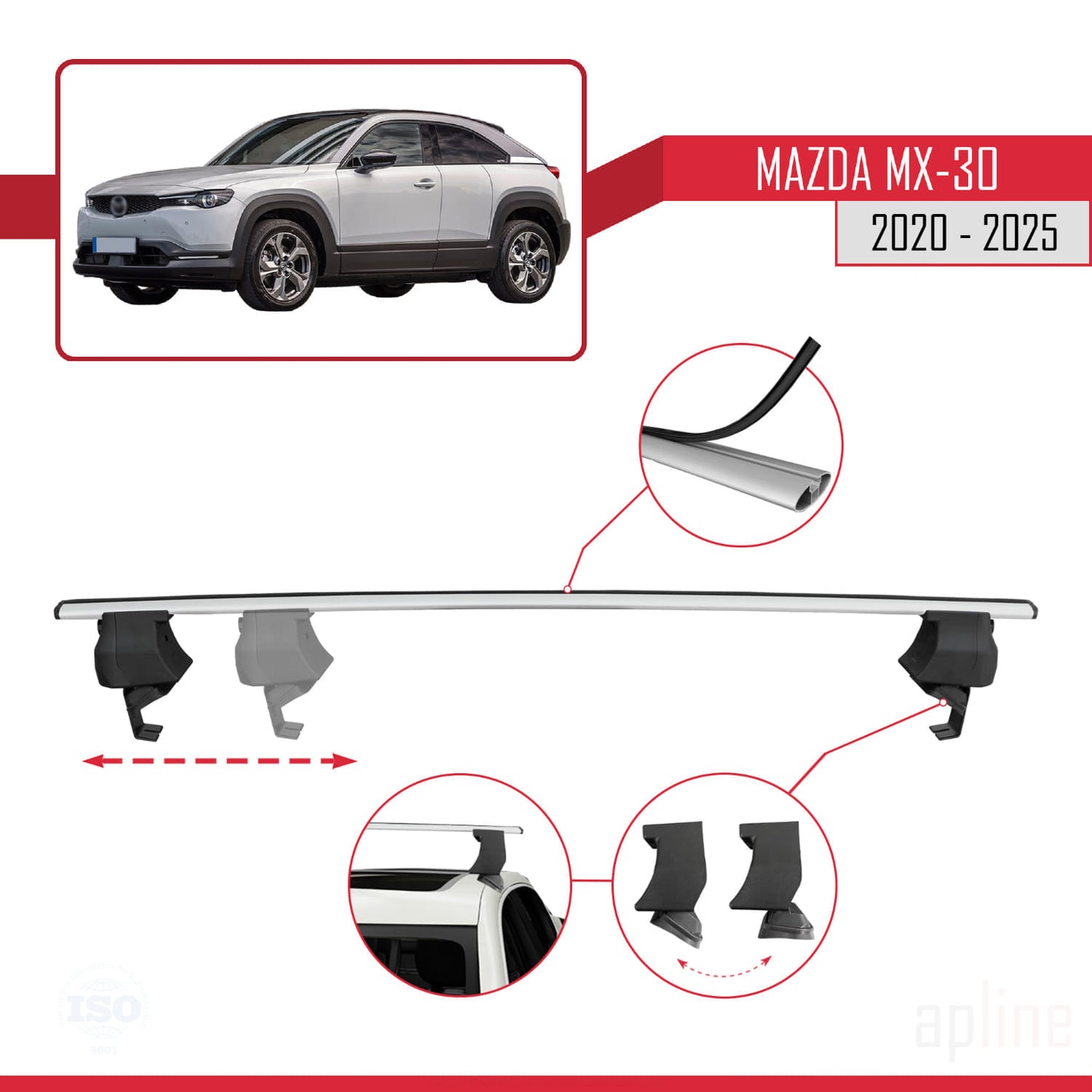 Compatible with Mazda MX-30 (DR) 2020-2025 ACE-4 Car Roof Rack Cross Bar Grey Aluminium 2 Bars