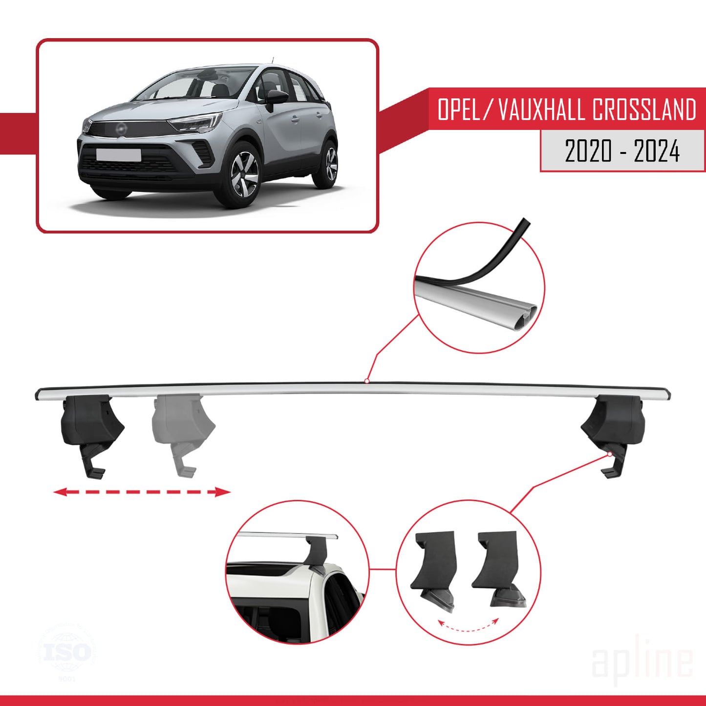 Compatible with Opel/Vauxhall Crossland 2020-2024 ACE-4 Car Roof Rack Cross Bar Grey Aluminium 2 Bars