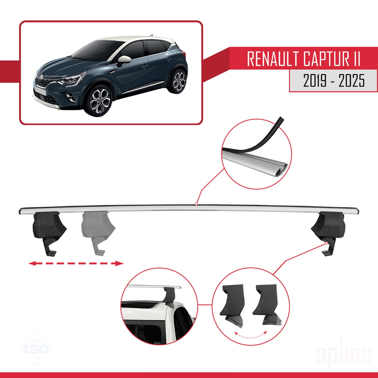 Compatible con Renault Captur 2 2019-2025 ACE-4 Barras de Techo Auto Portaequipajes Barras Transversales Gris Aluminio 2 Barras